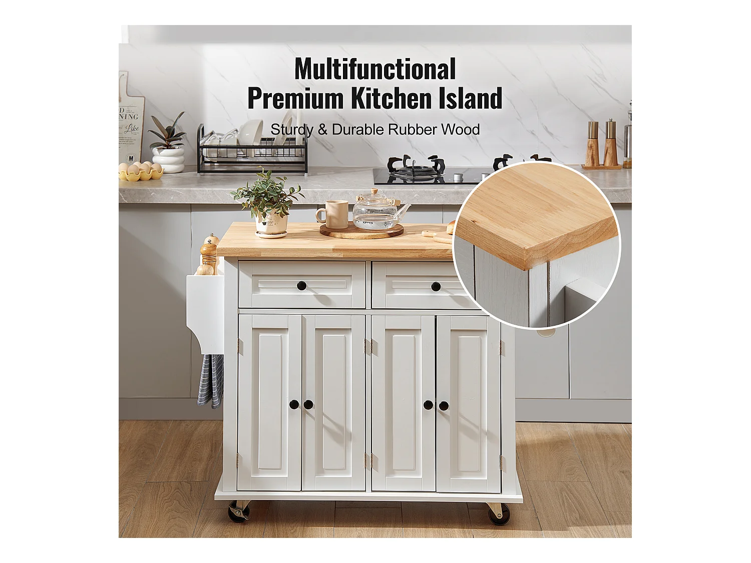 Mesa de Cozinha com Rodas SucceBuy, 90cm, Armário Rodante de Estocagem com Gaveta e Suporte, Branco