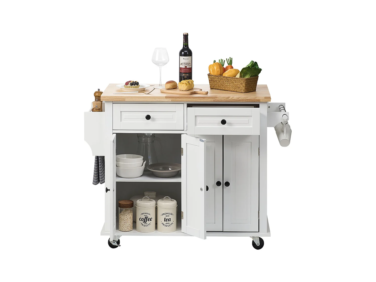 Mesa de Cozinha com Rodas SucceBuy, 90cm, Armário Rodante de Estocagem com Gaveta e Suporte, Branco