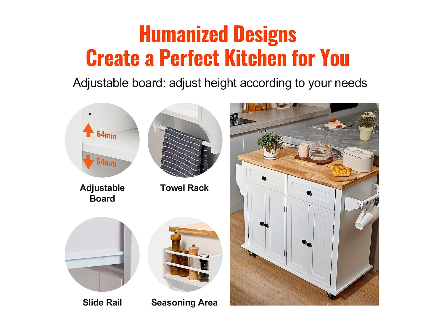 Küchenarbeitsplatz mit Rädern SucceBuy, 90cm, Rollschrank mit Schublade und Ständer, Weiß