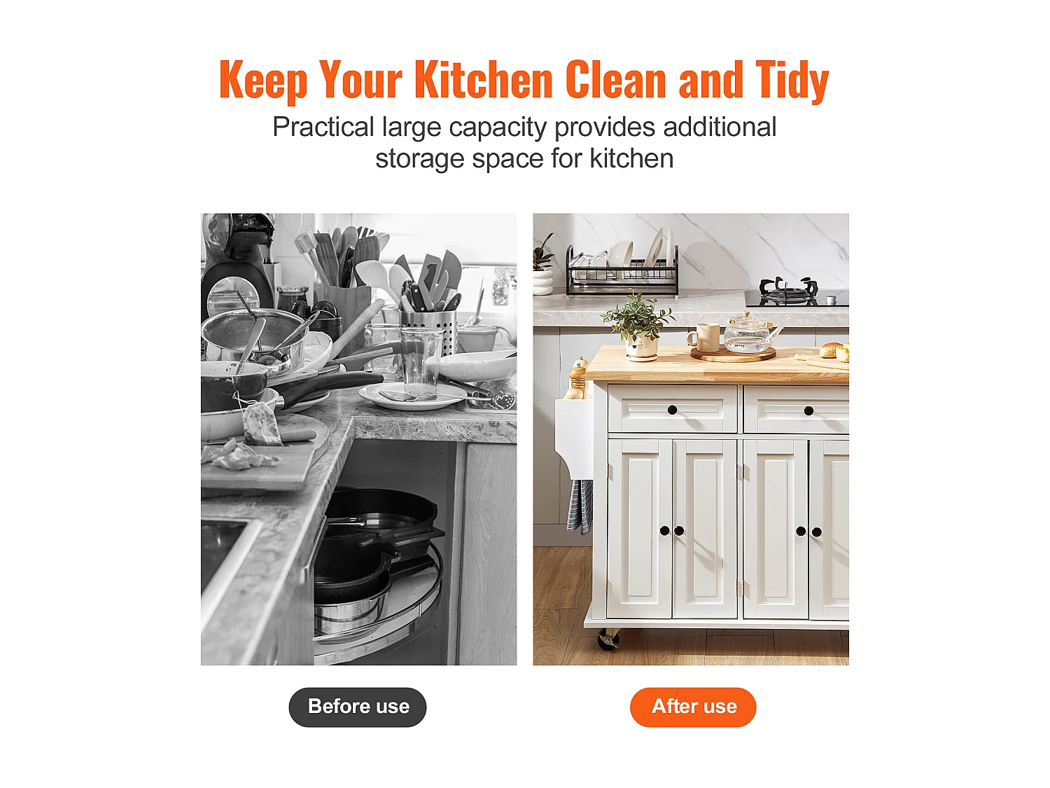 Küchenarbeitsplatz mit Rädern SucceBuy, 90cm, Rollschrank mit Schublade und Ständer, Weiß