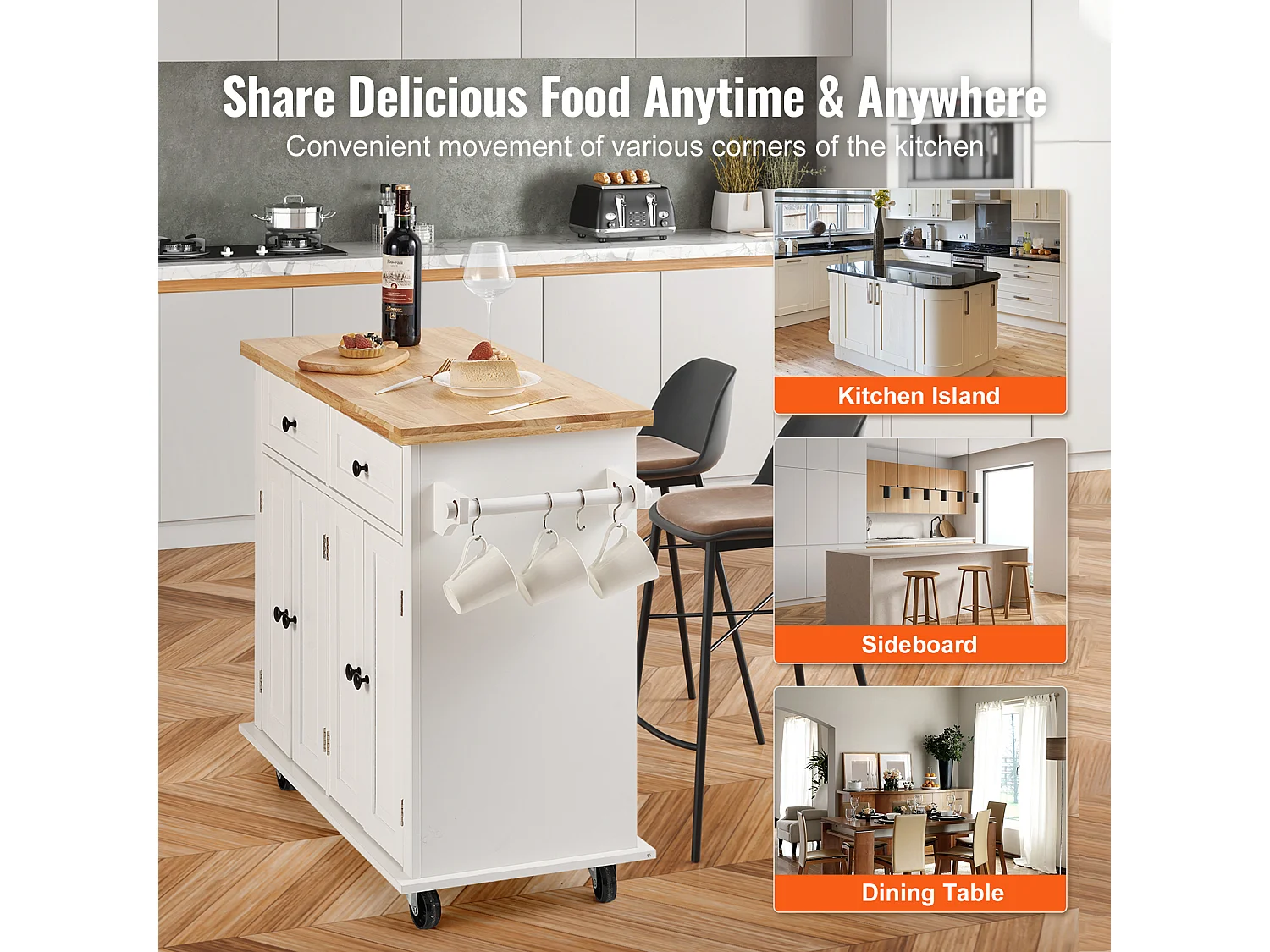 Küchenarbeitsplatz mit Rädern SucceBuy, 90cm, Rollschrank mit Schublade und Ständer, Weiß