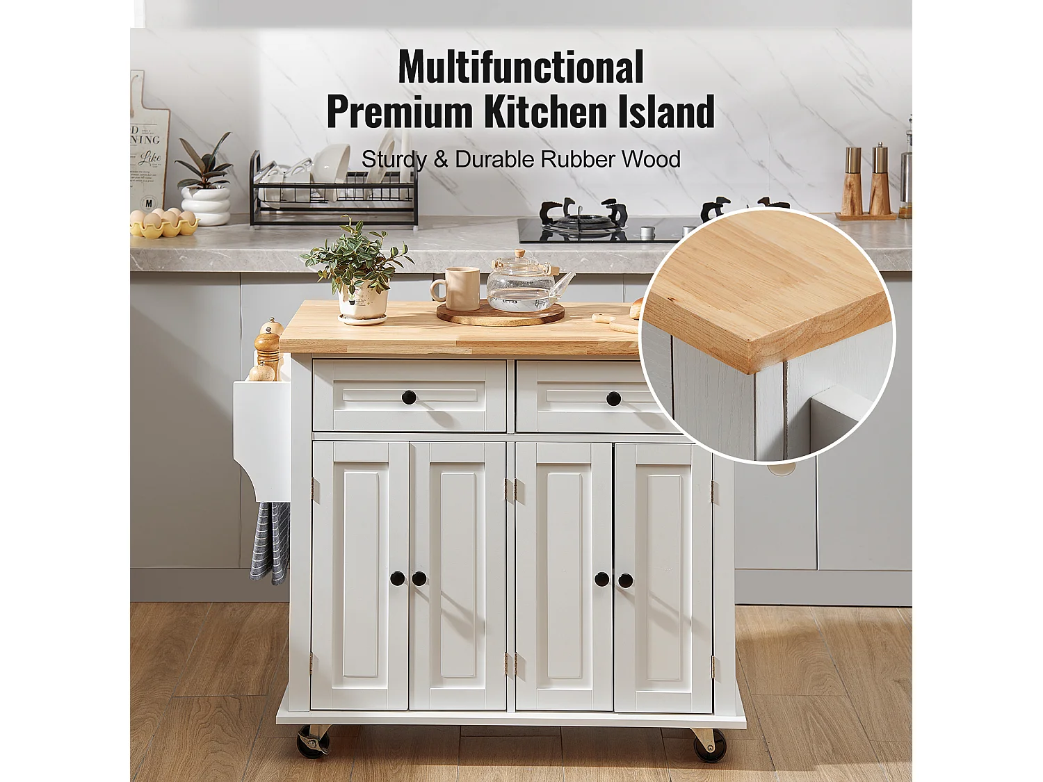 Küchenarbeitsplatz mit Rädern SucceBuy, 90cm, Rollschrank mit Schublade und Ständer, Weiß