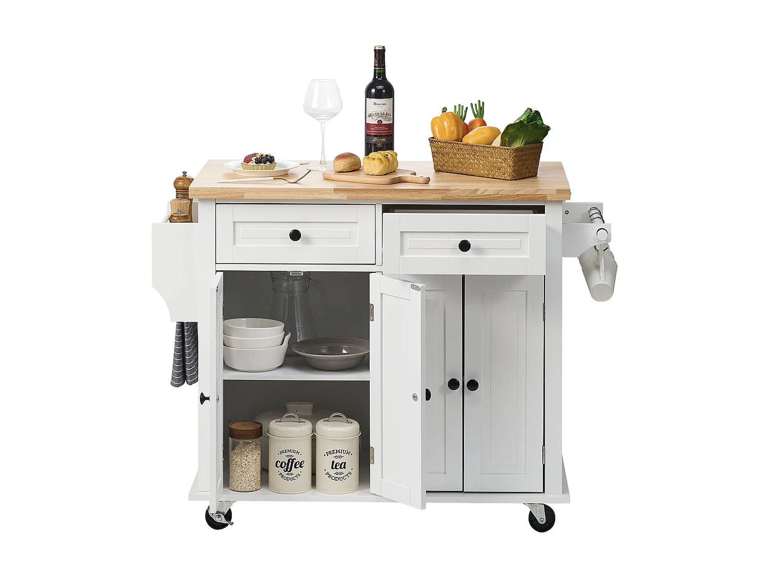 Küchenarbeitsplatz mit Rädern SucceBuy, 90cm, Rollschrank mit Schublade und Ständer, Weiß