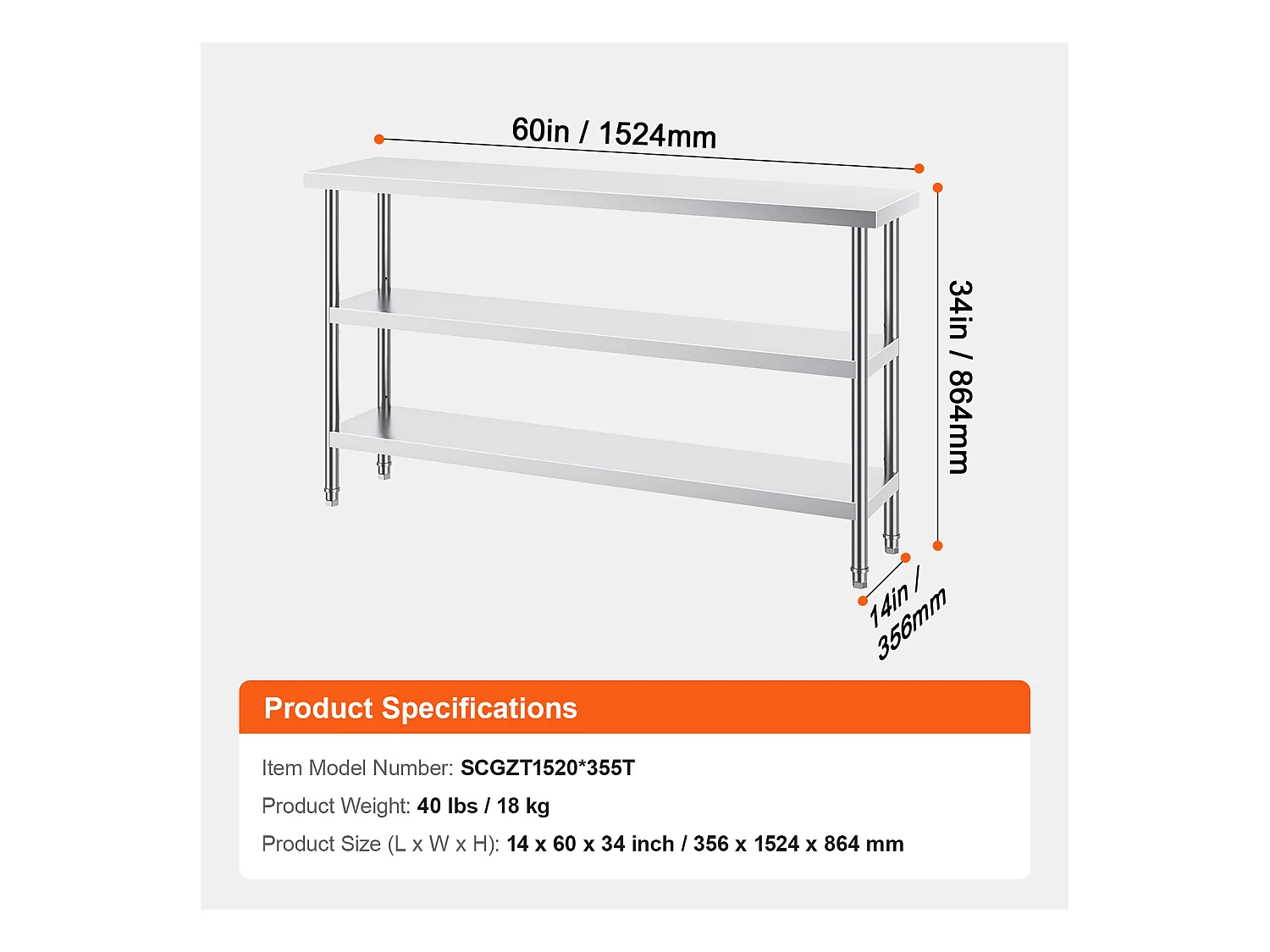 Roestvrijstalen Werktafel SucceBuy, 356 x 1524 x 864 mm, Commerciële Voorbereidingstafel voor Grootkeukens