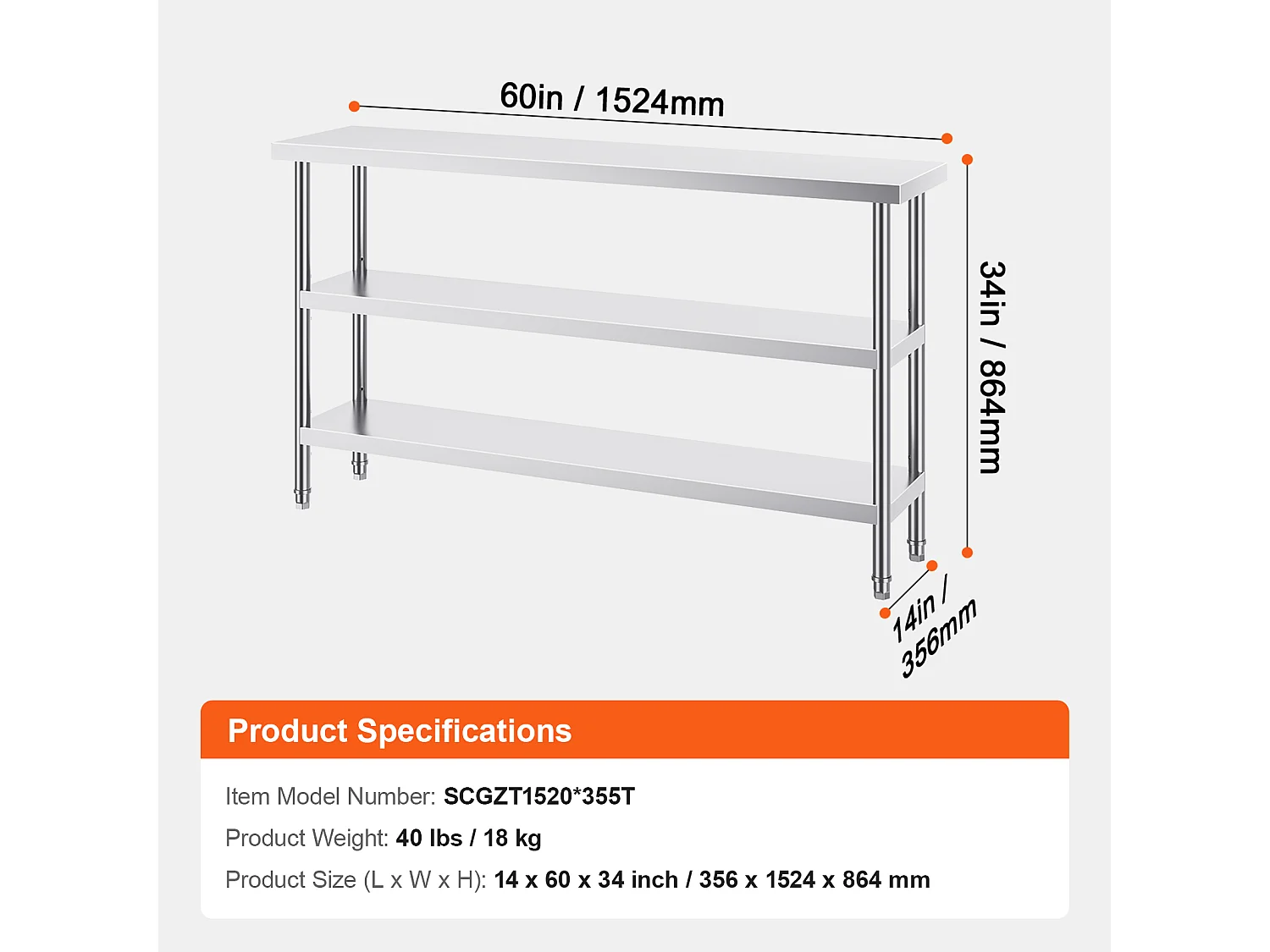 Roestvrijstalen Werktafel SucceBuy, 356 x 1524 x 864 mm, Commerciële Voorbereidingstafel voor Grootkeukens