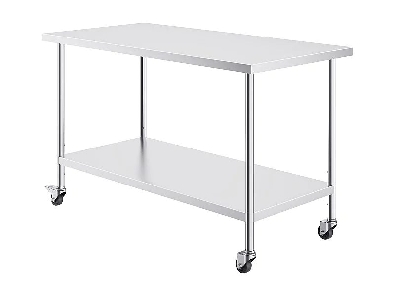 Table de Travail Cuisine SucceBuy, 76 x 152 cm, Table de Travail de Préparation en Acier Inoxydable avec 4 Roues et Hauteur Réglable