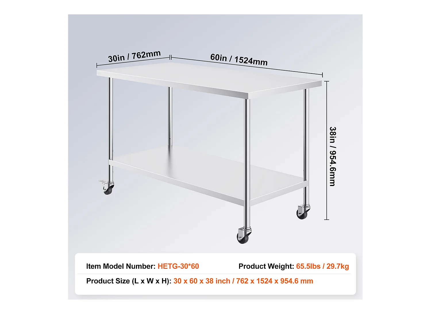 Table de Travail Cuisine SucceBuy, 76 x 152 cm, Table de Travail de Préparation en Acier Inoxydable avec 4 Roues et Hauteur Réglable