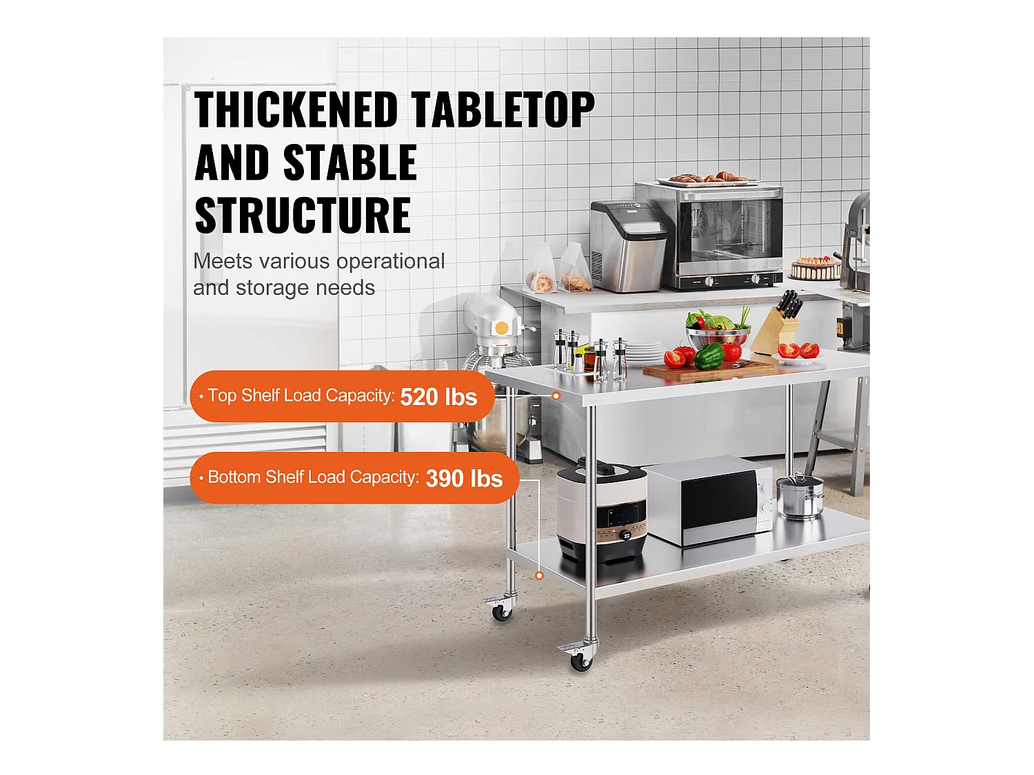 Table de Travail Cuisine SucceBuy, 76 x 152 cm, Table de Travail de Préparation en Acier Inoxydable avec 4 Roues et Hauteur Réglable