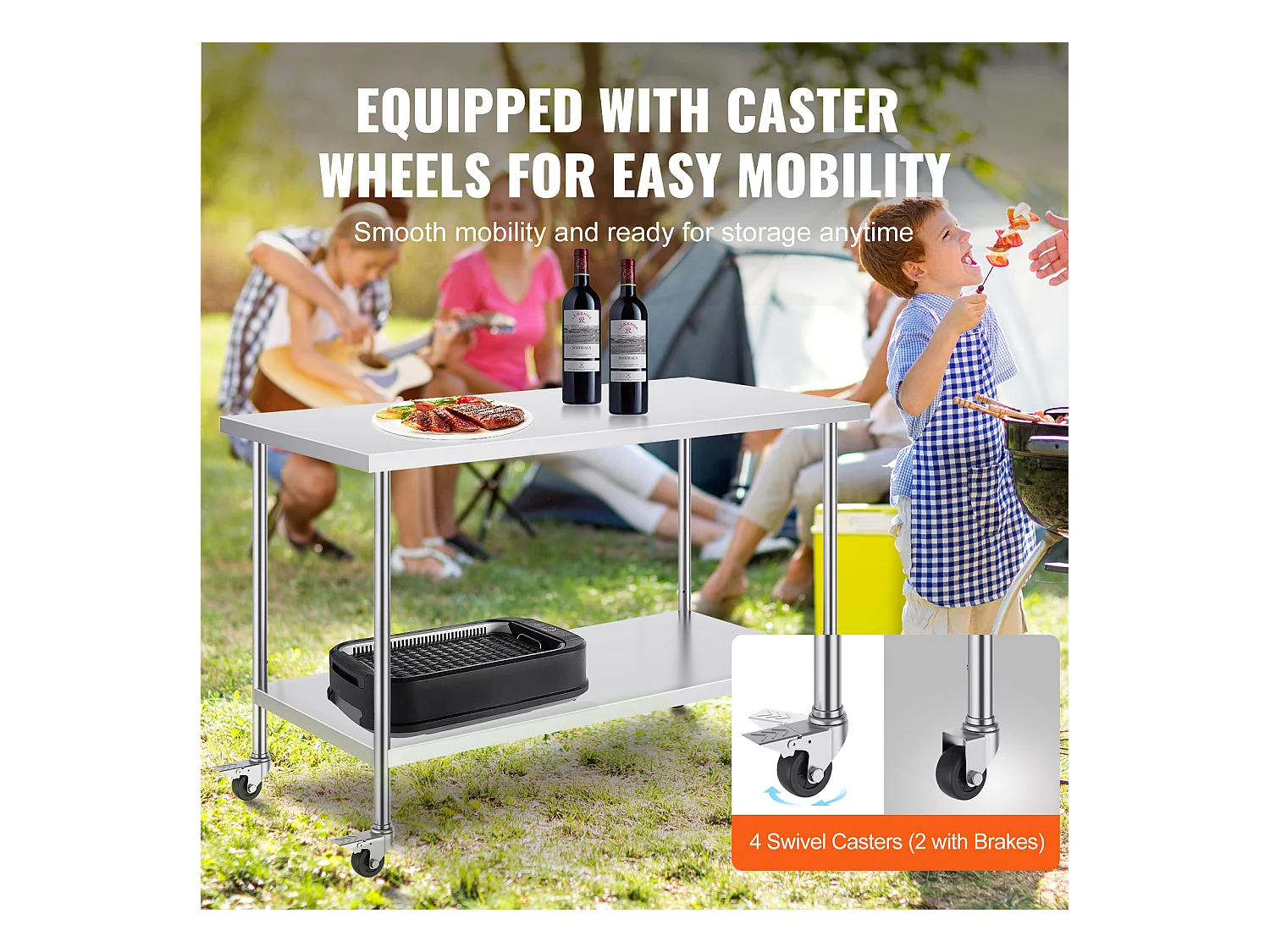 Table de Travail Cuisine SucceBuy, 76 x 152 cm, Table de Travail de Préparation en Acier Inoxydable avec 4 Roues et Hauteur Réglable