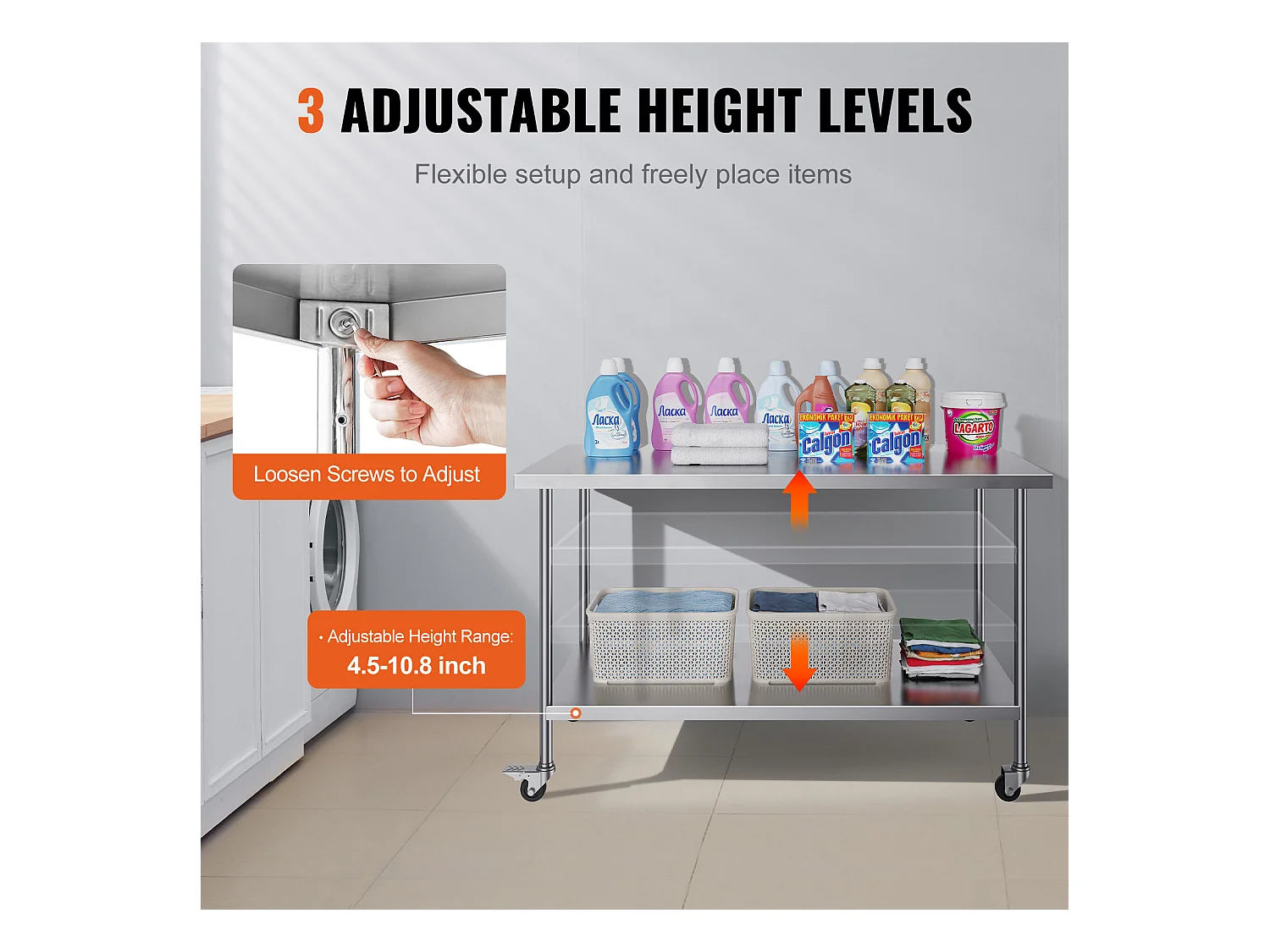 Table de Travail Cuisine SucceBuy, 76 x 152 cm, Table de Travail de Préparation en Acier Inoxydable avec 4 Roues et Hauteur Réglable