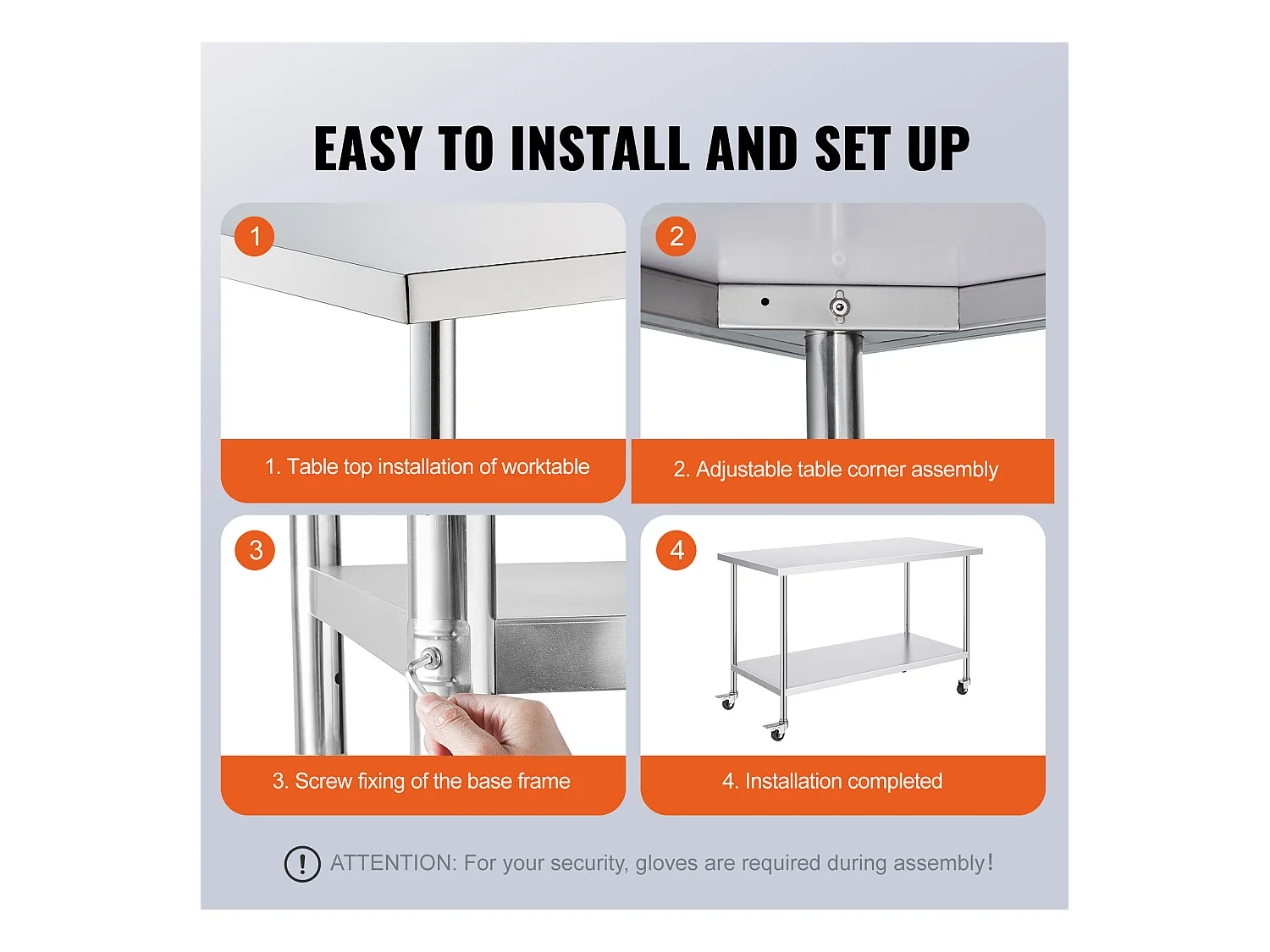 Table de Travail Cuisine SucceBuy, 76 x 152 cm, Table de Travail de Préparation en Acier Inoxydable avec 4 Roues et Hauteur Réglable