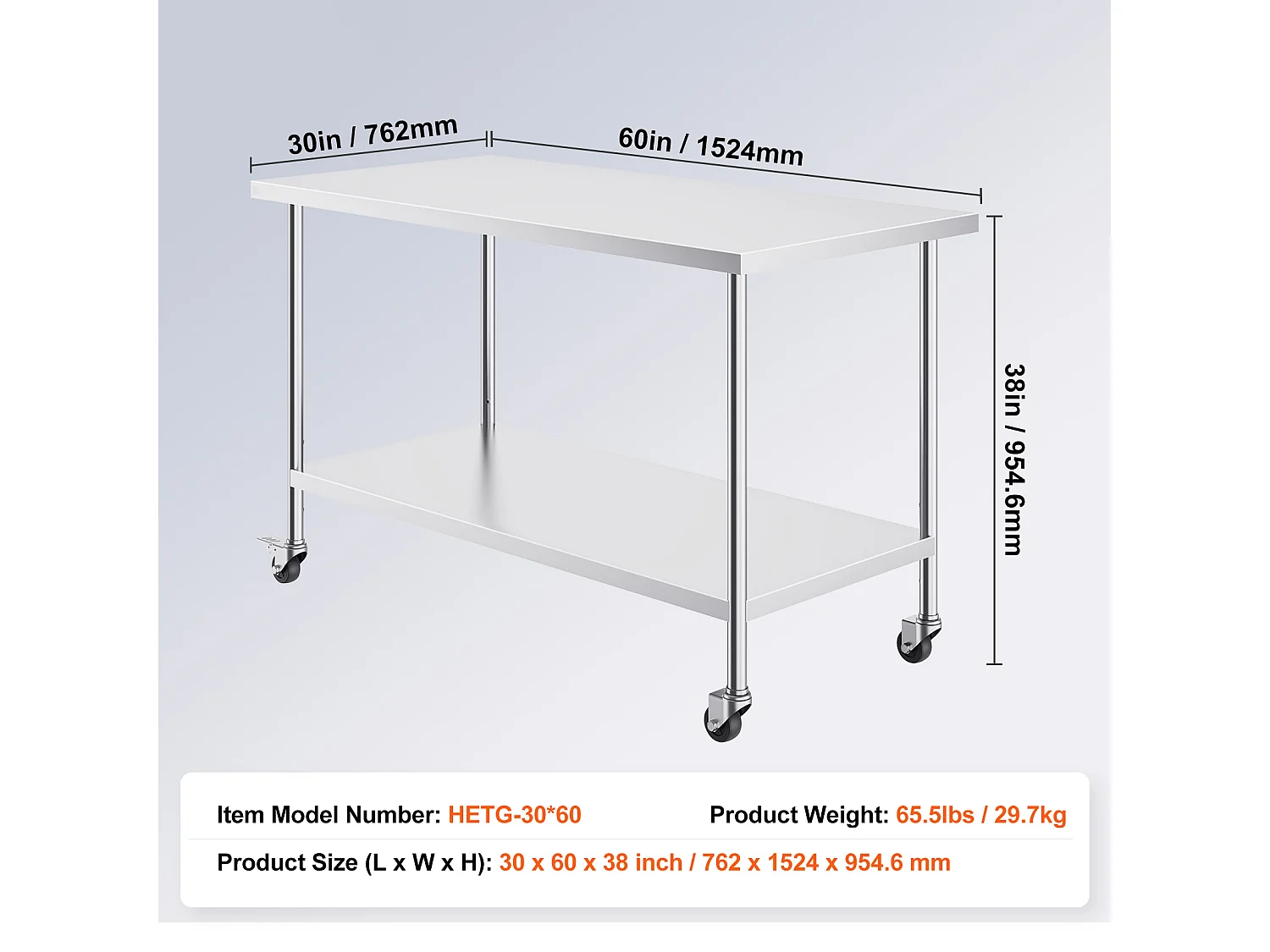 Table de Travail Cuisine SucceBuy, 76 x 152 cm, Table de Travail de Préparation en Acier Inoxydable avec 4 Roues et Hauteur Réglable