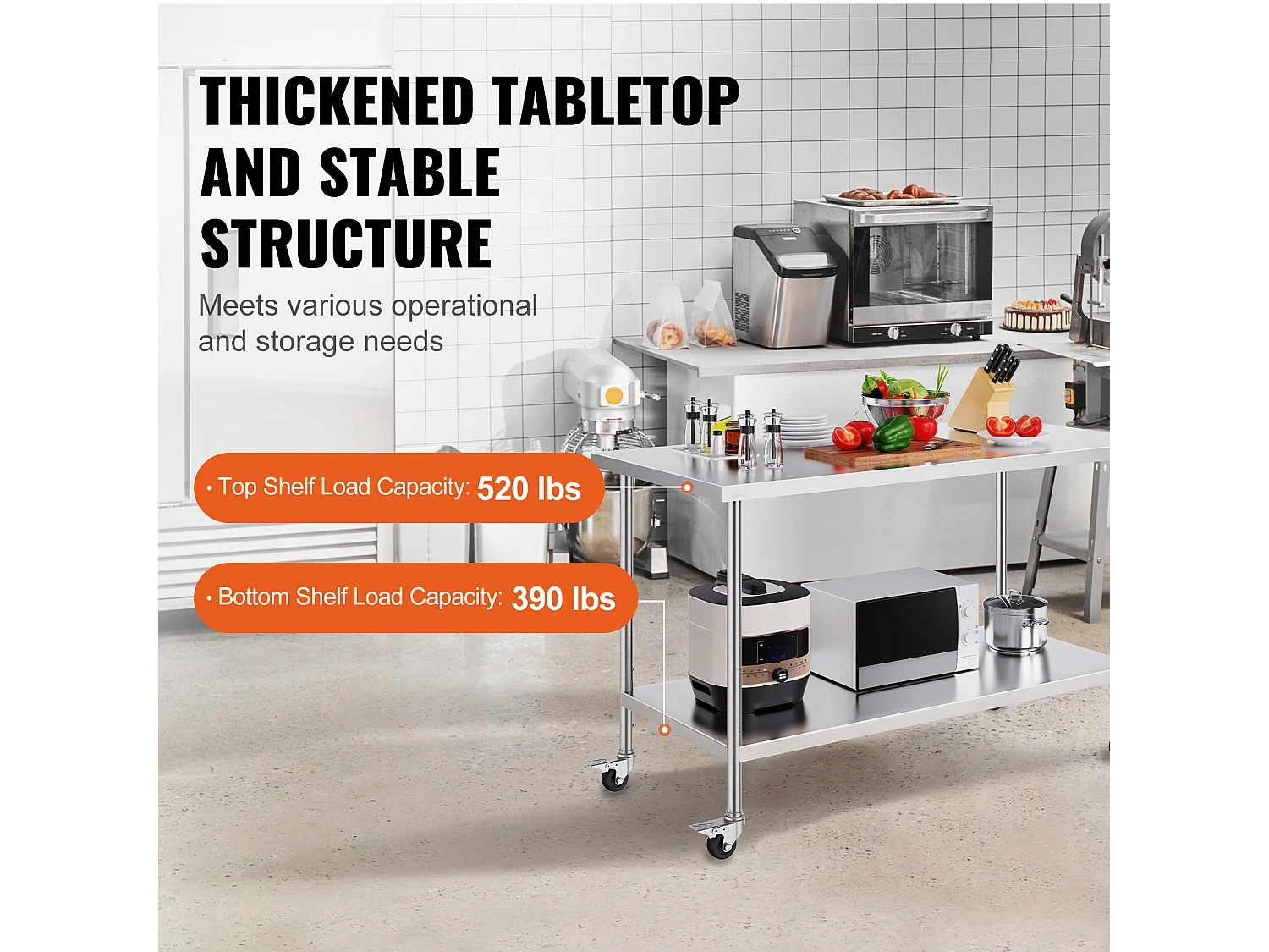 Table de Travail Cuisine SucceBuy, 76 x 152 cm, Table de Travail de Préparation en Acier Inoxydable avec 4 Roues et Hauteur Réglable