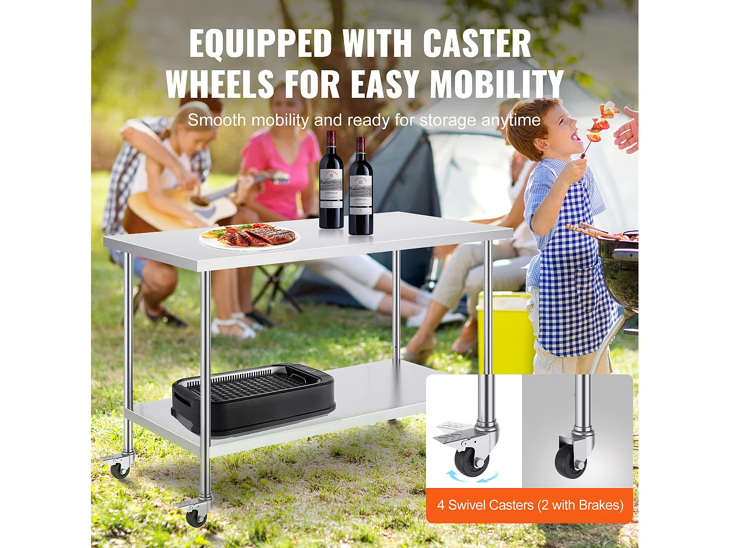 Table de Travail Cuisine SucceBuy, 76 x 152 cm, Table de Travail de Préparation en Acier Inoxydable avec 4 Roues et Hauteur Réglable