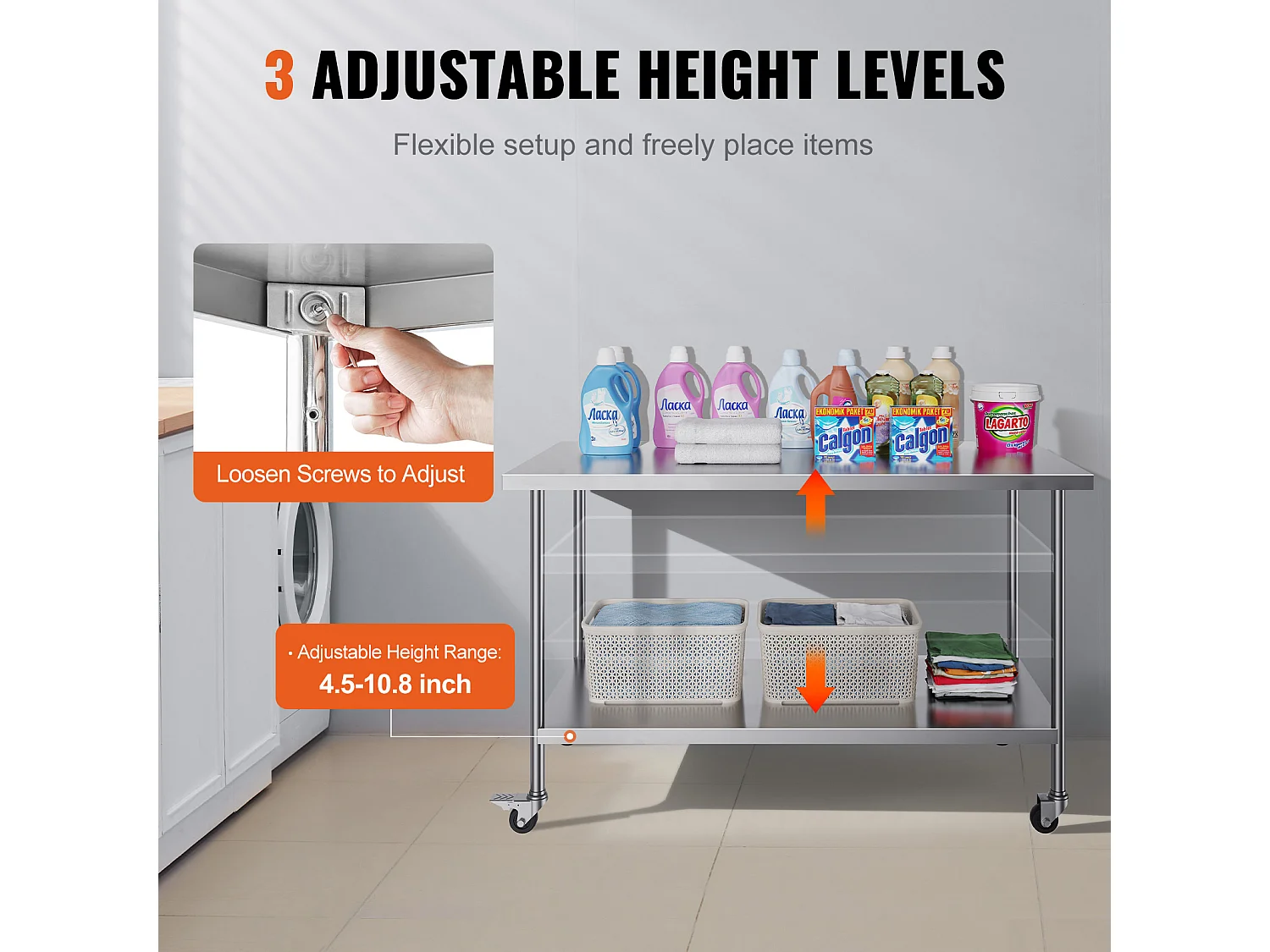 Table de Travail Cuisine SucceBuy, 76 x 152 cm, Table de Travail de Préparation en Acier Inoxydable avec 4 Roues et Hauteur Réglable