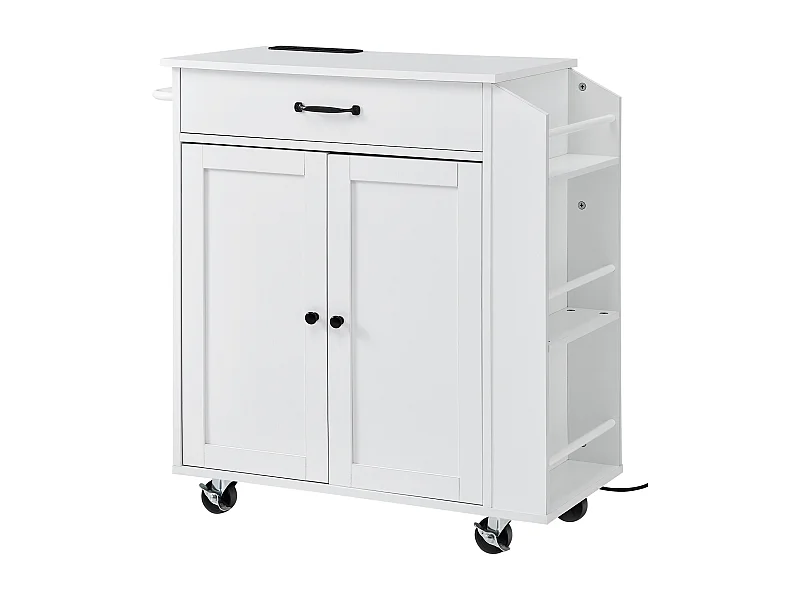 Küchenarbeitsplatz mit Rädern SucceBuy, Rollschrank mit Ladestation, Weiß, aus Massivholz und MDF