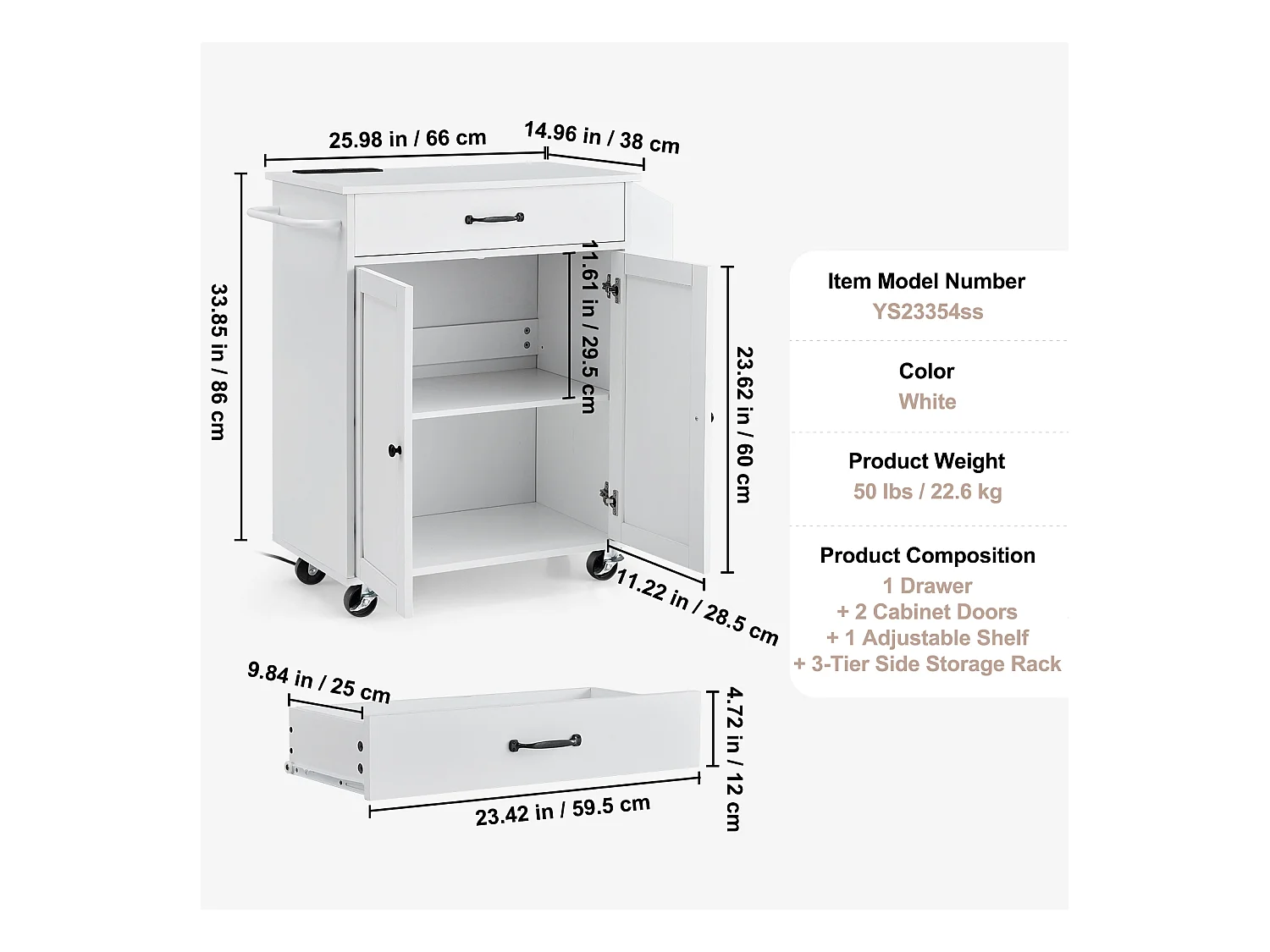 Mobile per Cucina con Ruote SucceBuy, Armadio Roulant con Stazione di Caricamento, Bianco