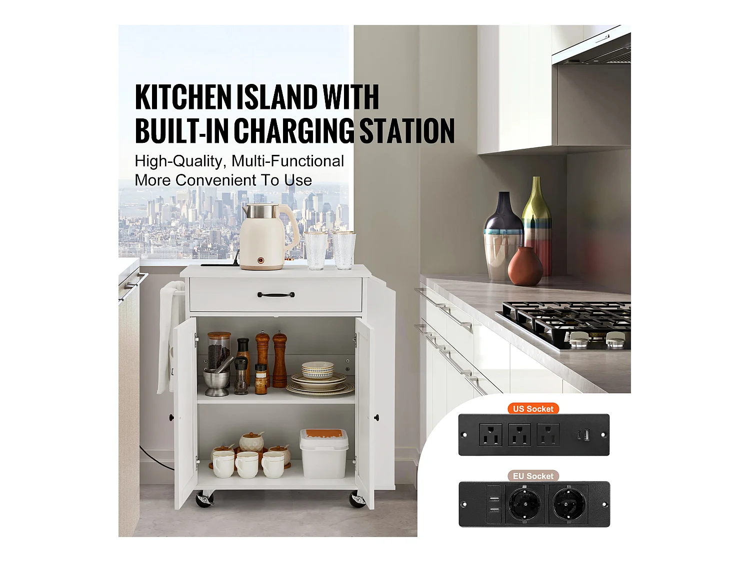 Mobile per Cucina con Ruote SucceBuy, Armadio Roulant con Stazione di Caricamento, Bianco