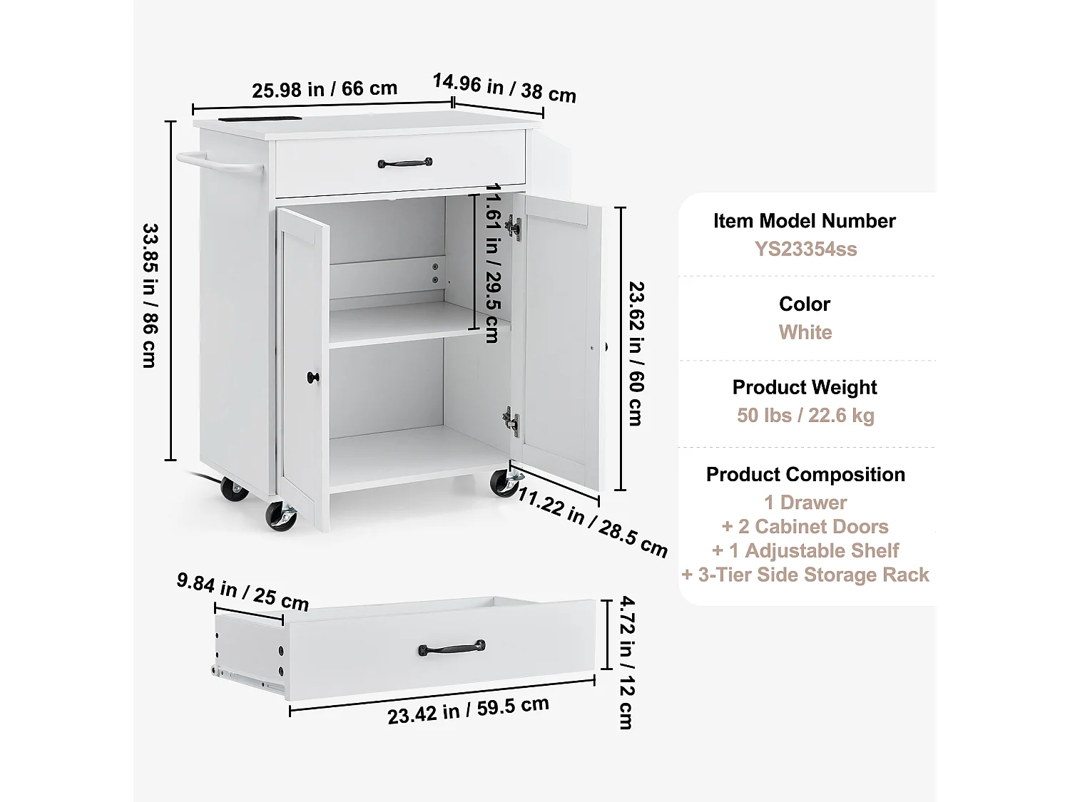 Desserte de Cuisine à Roulettes SucceBuy, Armoire de Rangement Roulante avec Station de Charge, Blanc