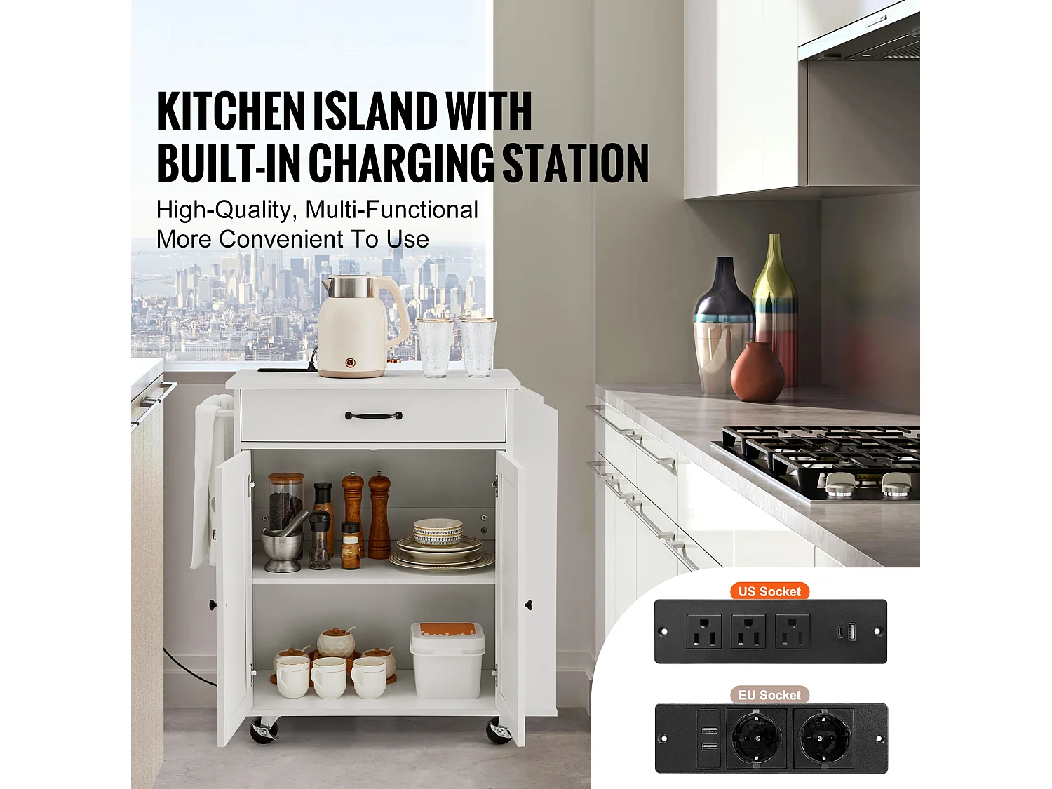 Desserte de Cuisine à Roulettes SucceBuy, Armoire de Rangement Roulante avec Station de Charge, Blanc