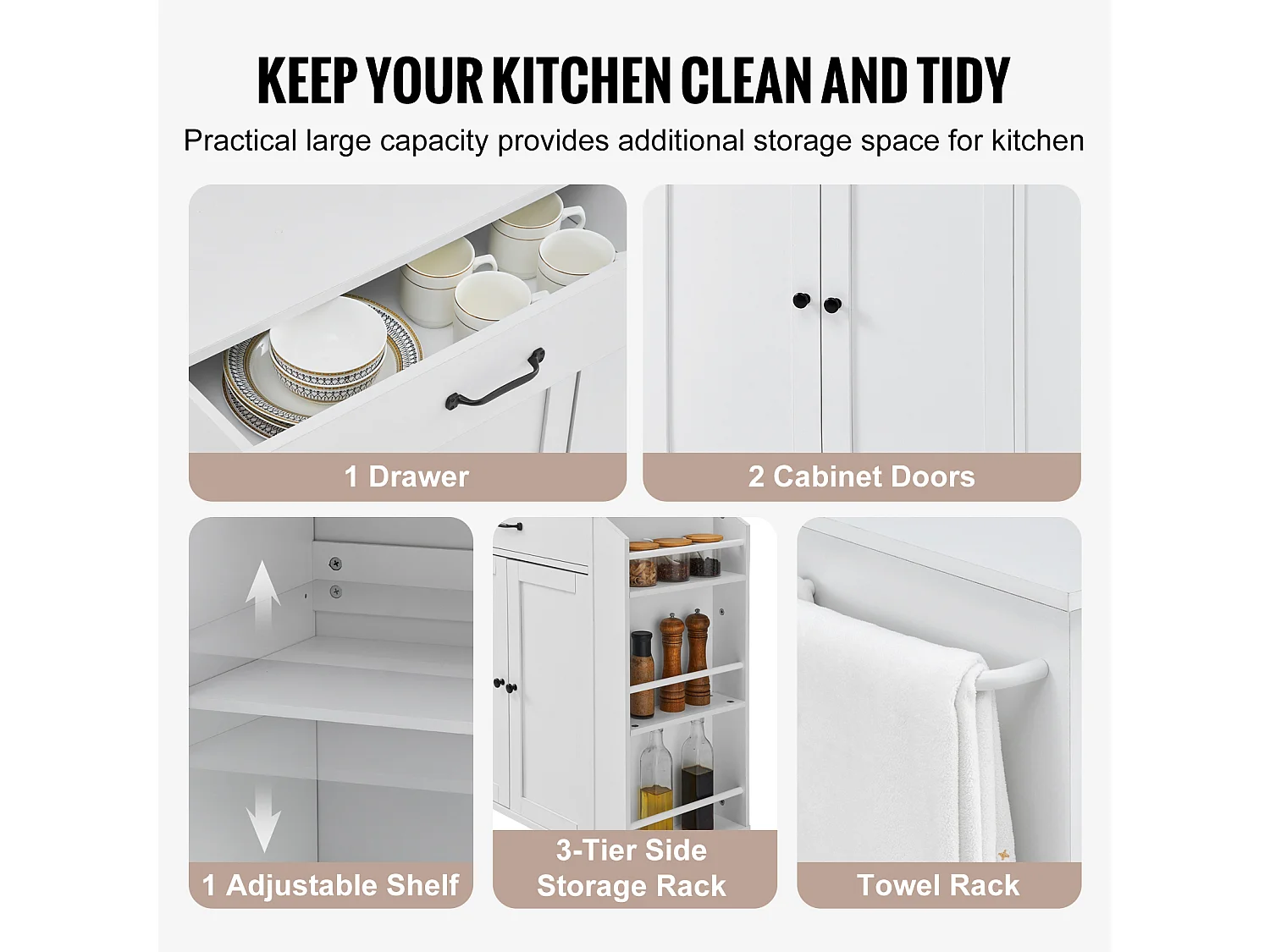 Desserte de Cuisine à Roulettes SucceBuy, Armoire de Rangement Roulante avec Station de Charge, Blanc