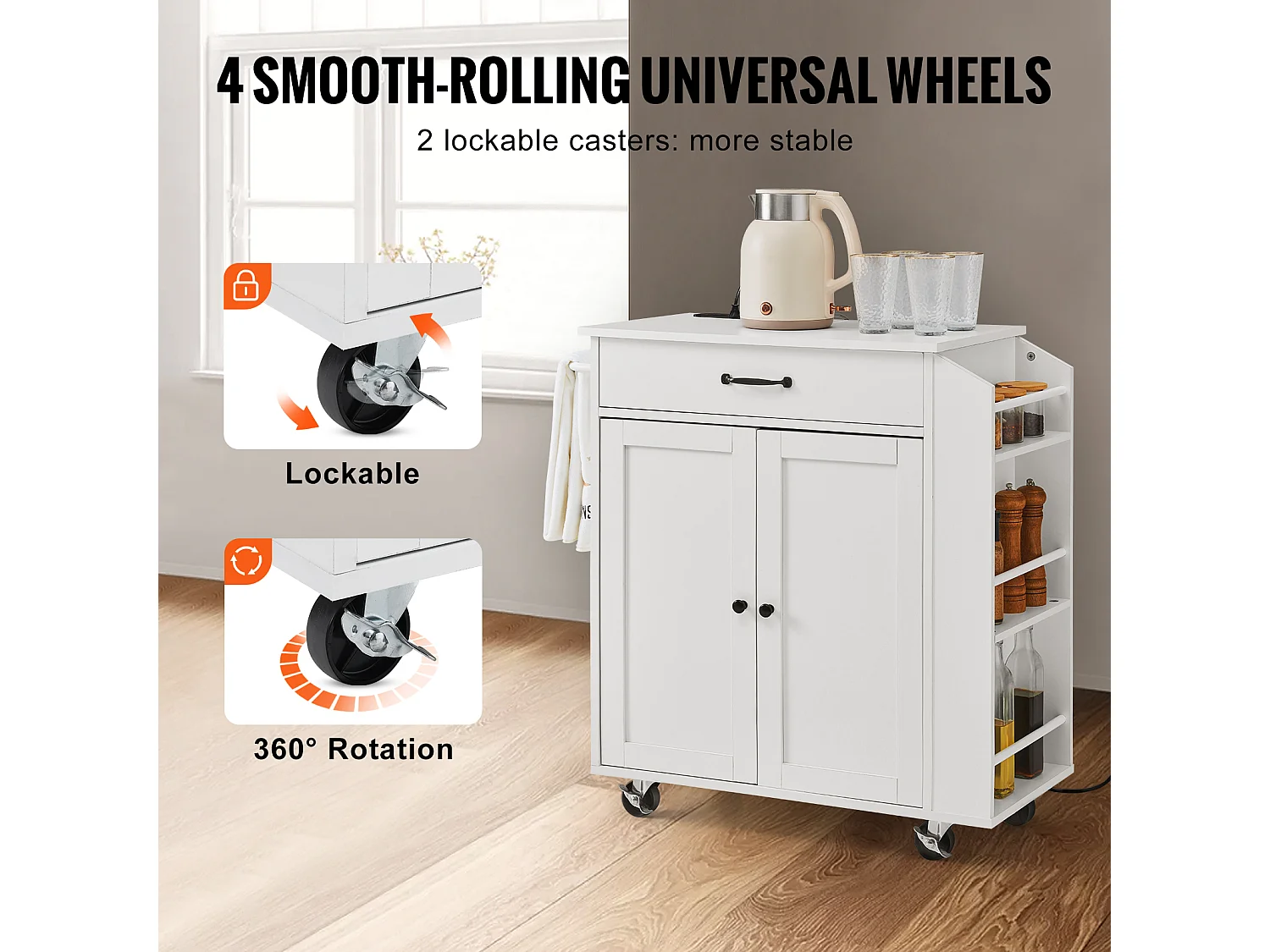 Desserte de Cuisine à Roulettes SucceBuy, Armoire de Rangement Roulante avec Station de Charge, Blanc