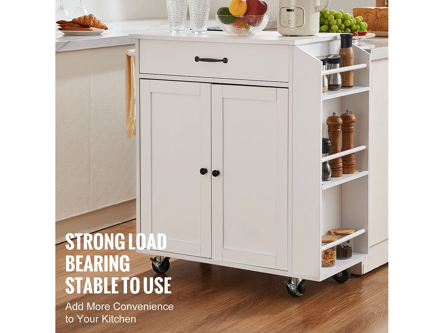 Desserte de Cuisine à Roulettes SucceBuy, Armoire de Rangement Roulante avec Station de Charge, Blanc