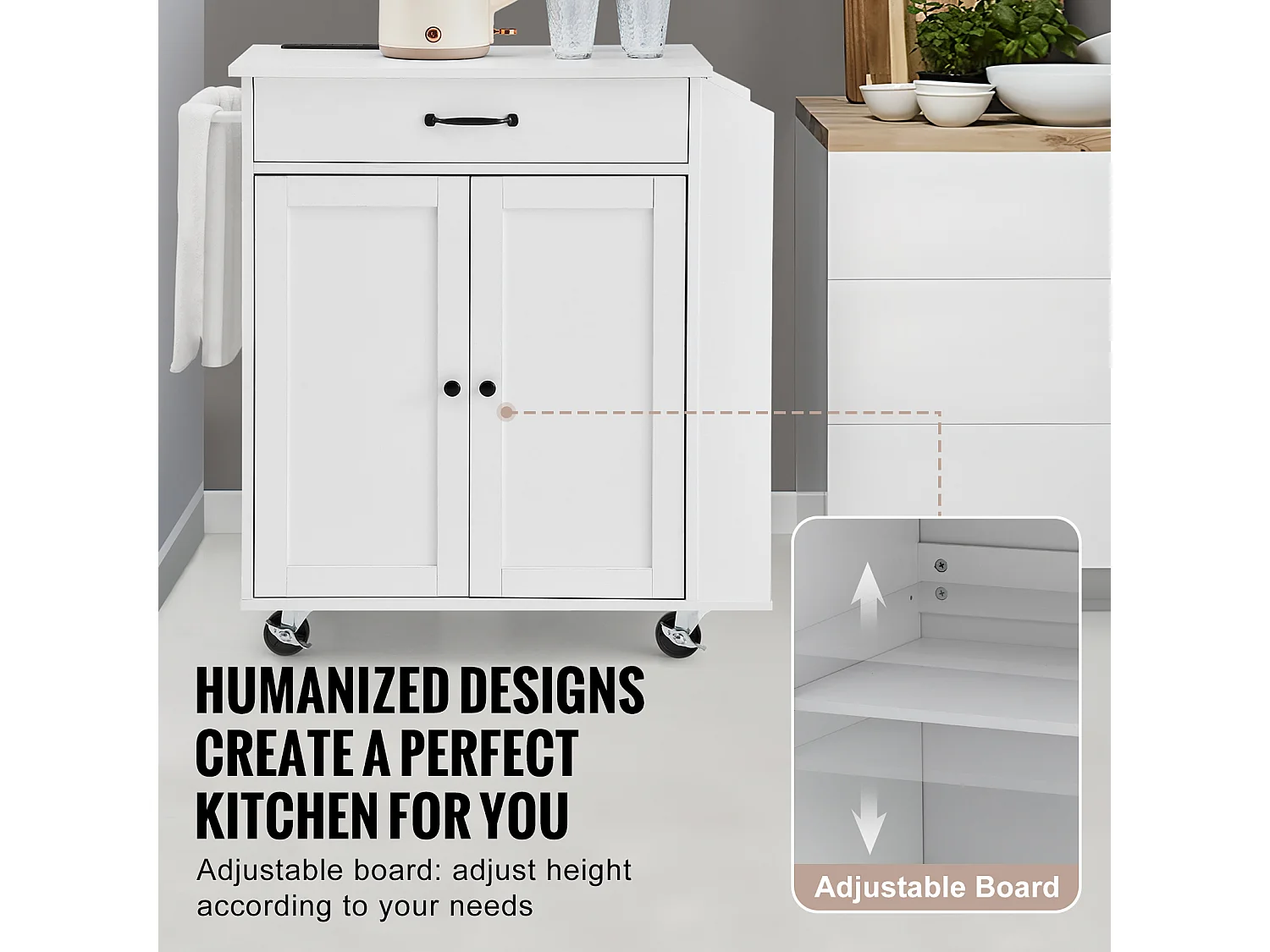 Desserte de Cuisine à Roulettes SucceBuy, Armoire de Rangement Roulante avec Station de Charge, Blanc