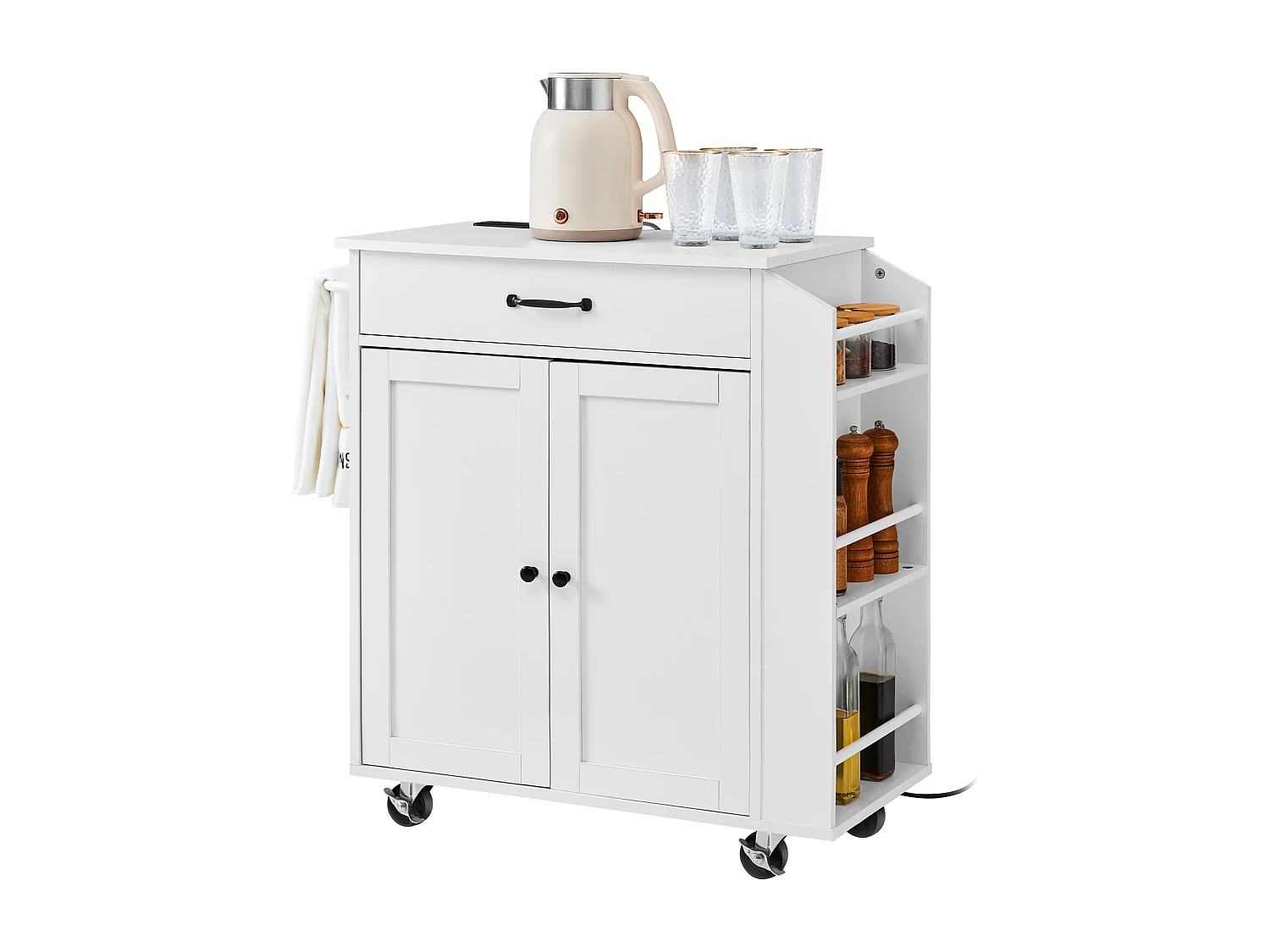 Desserte de Cuisine à Roulettes SucceBuy, Armoire de Rangement Roulante avec Station de Charge, Blanc