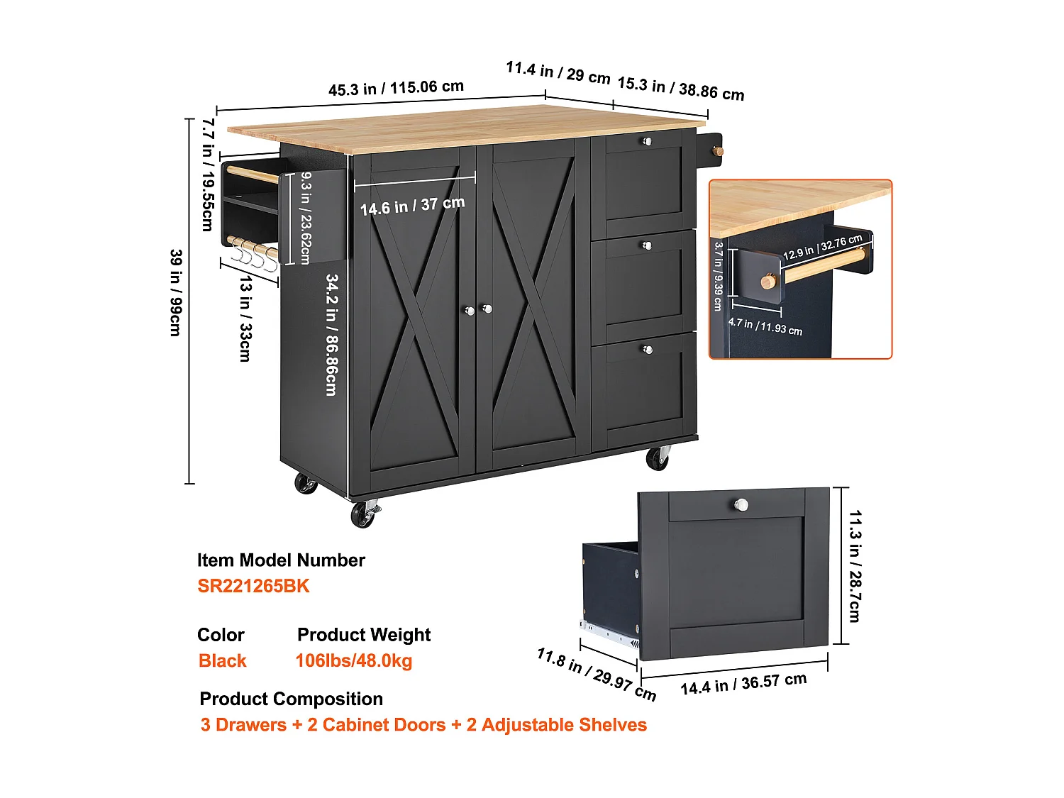 Mesón de Cocina con Ruedas SucceBuy, Mueble Rodante de Estorage con Cajones y Estantes