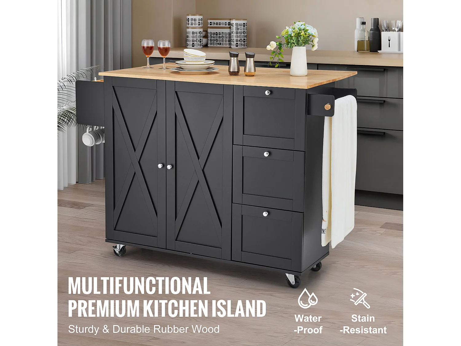 Mesón de Cocina con Ruedas SucceBuy, Mueble Rodante de Estorage con Cajones y Estantes