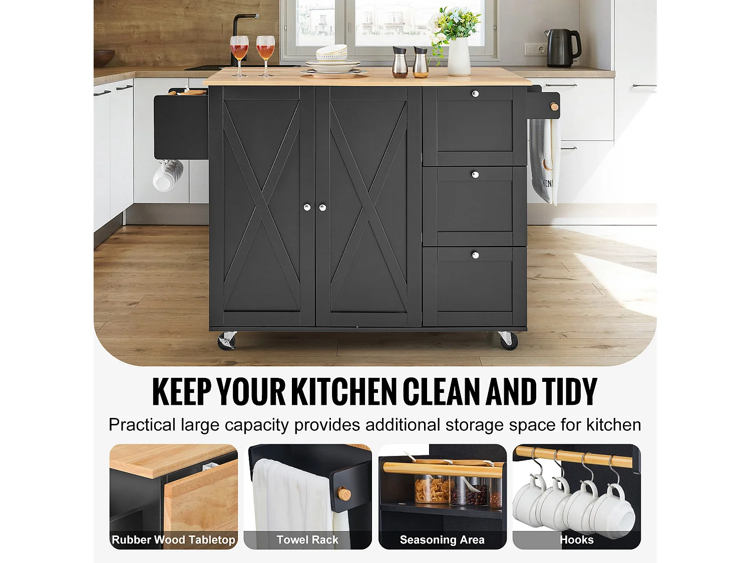 Mesón de Cocina con Ruedas SucceBuy, Mueble Rodante de Estorage con Cajones y Estantes