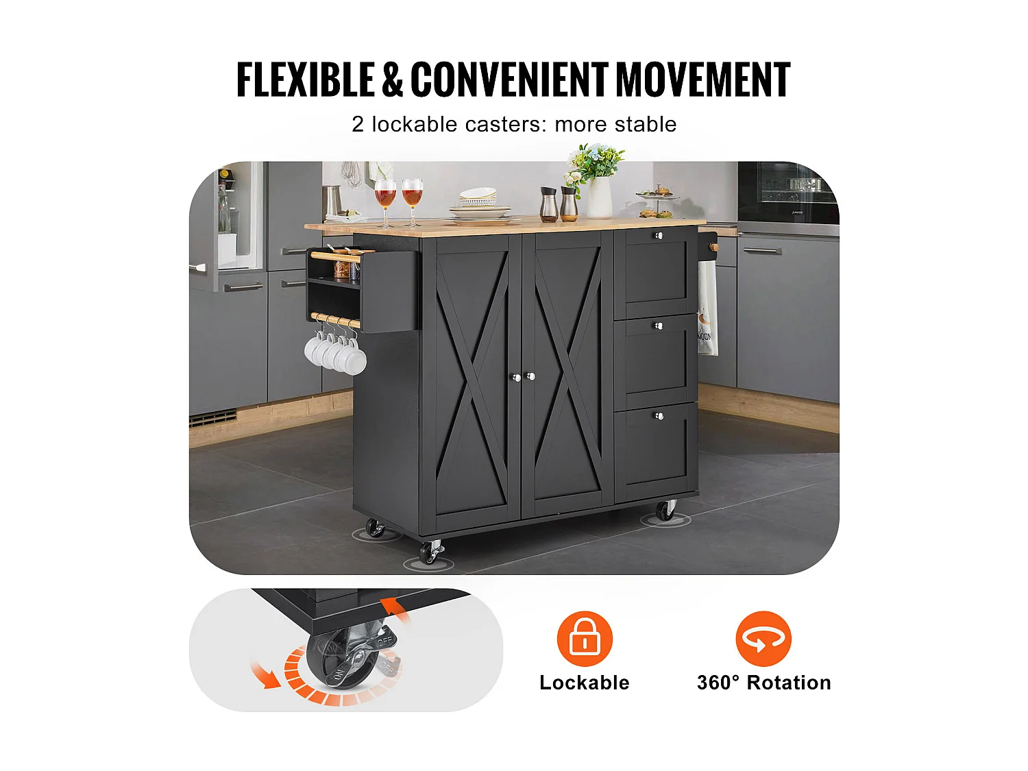 Mesón de Cocina con Ruedas SucceBuy, Mueble Rodante de Estorage con Cajones y Estantes