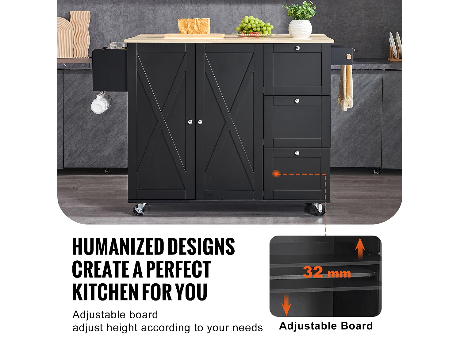 Mesón de Cocina con Ruedas SucceBuy, Mueble Rodante de Estorage con Cajones y Estantes