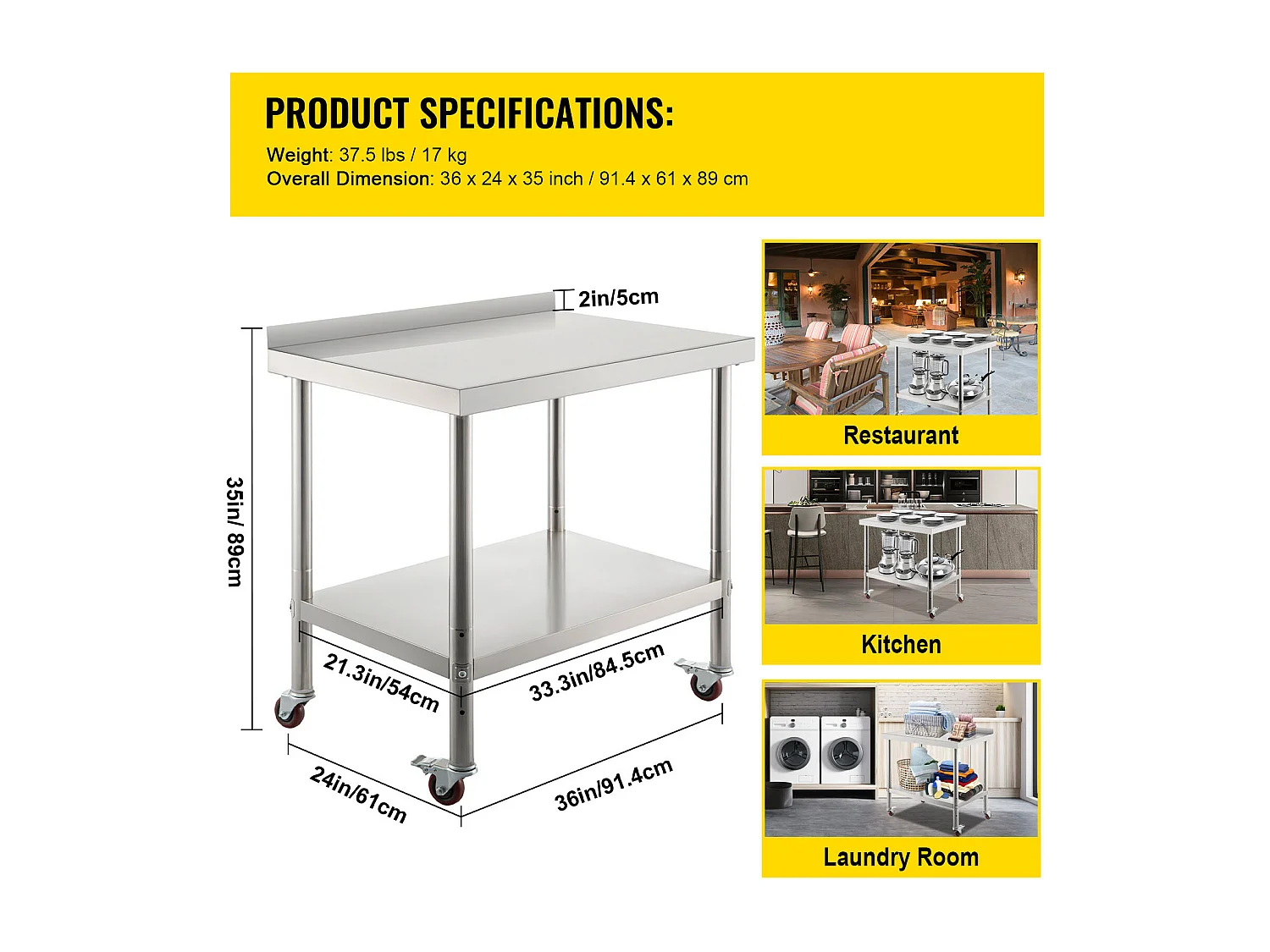Mesa de Trabajo de Cocina SucceBuy 91 x 61 cm, Mesa de Trabajo de Cocina en Acero Inoxidable con 4 Ruedas