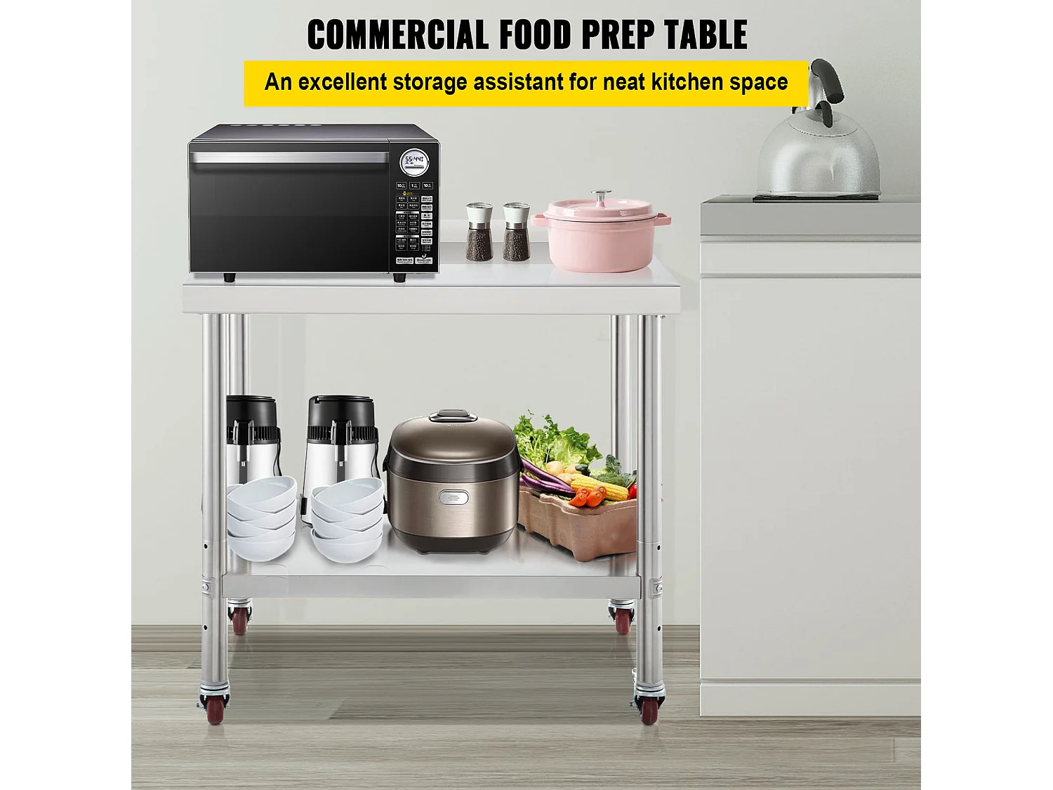 Mesa de Trabajo de Cocina SucceBuy 91 x 61 cm, Mesa de Trabajo de Cocina en Acero Inoxidable con 4 Ruedas