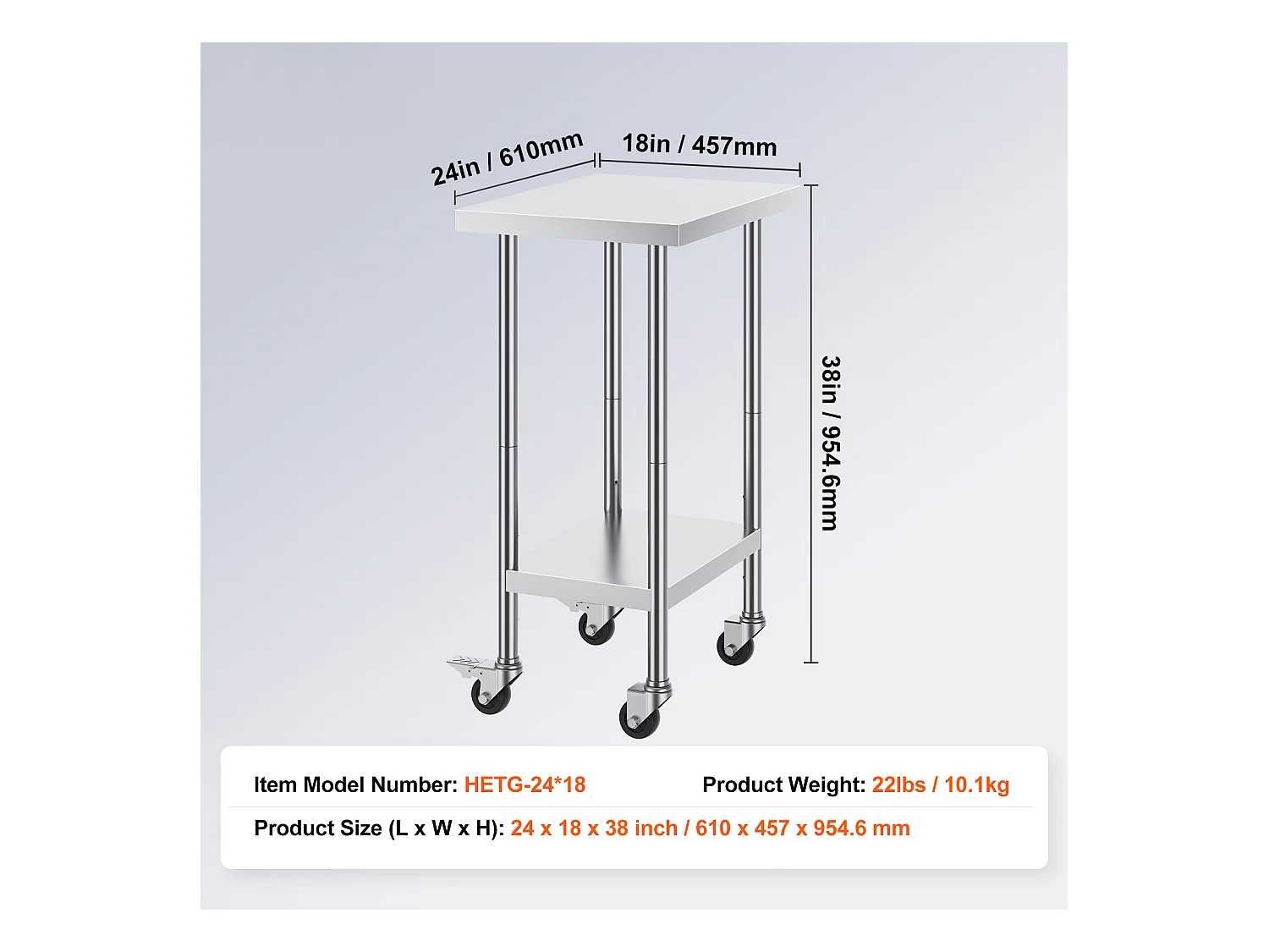Roestvrijstalen Werktafel SucceBuy, 610 x 457 x 954,6 mm, Commerciële Voorbereidingstafel met 4 Wielen