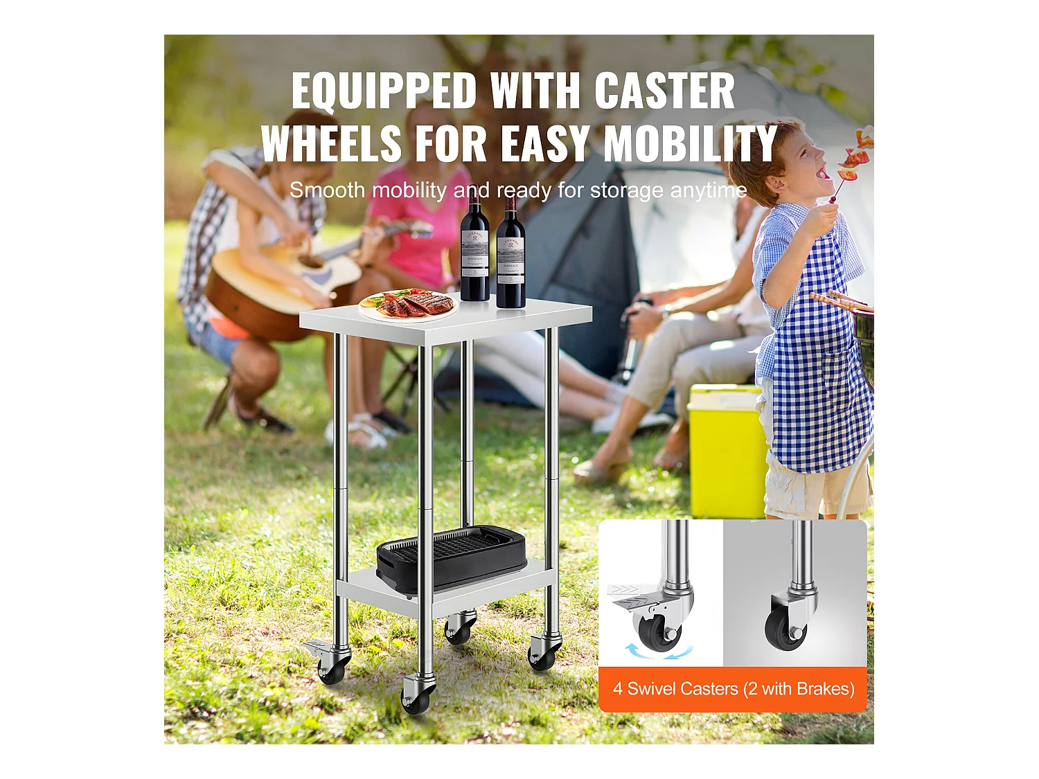 Roestvrijstalen Werktafel SucceBuy, 610 x 457 x 954,6 mm, Commerciële Voorbereidingstafel met 4 Wielen