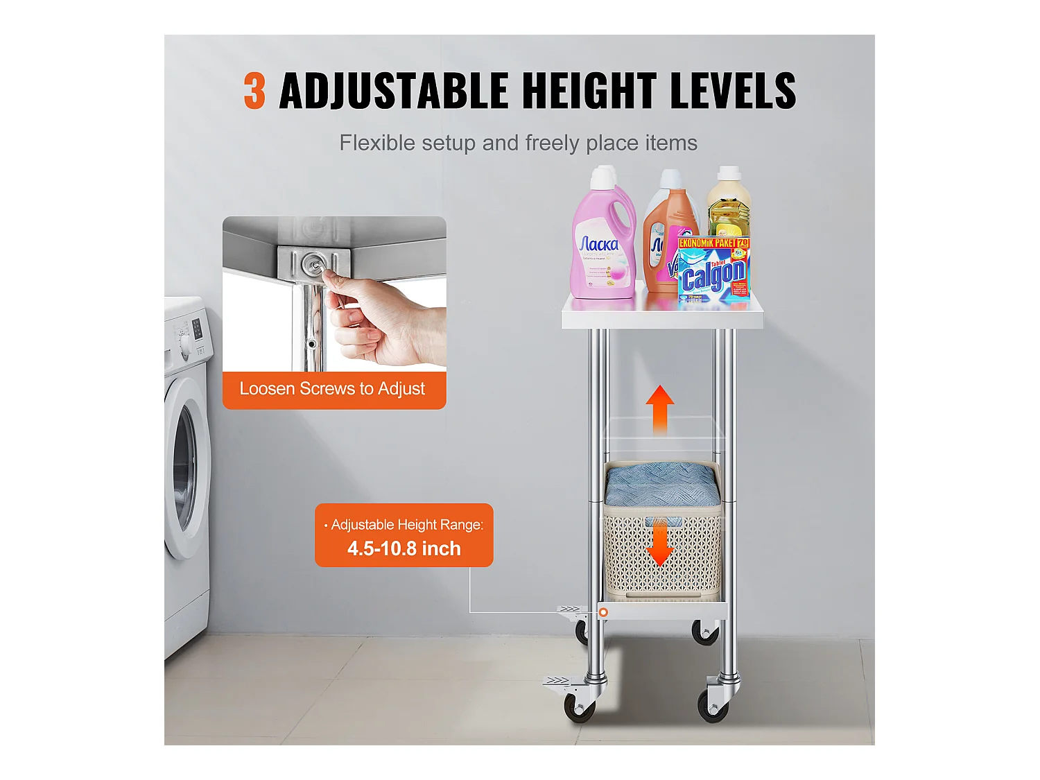 Roestvrijstalen Werktafel SucceBuy, 610 x 457 x 954,6 mm, Commerciële Voorbereidingstafel met 4 Wielen