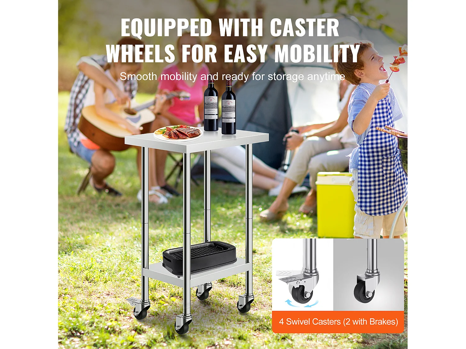 Table de Travail en Acier Inoxydable SucceBuy, 610 x 457 x 954,6 mm, Table de Préparation Commerciale avec 4 Roulettes