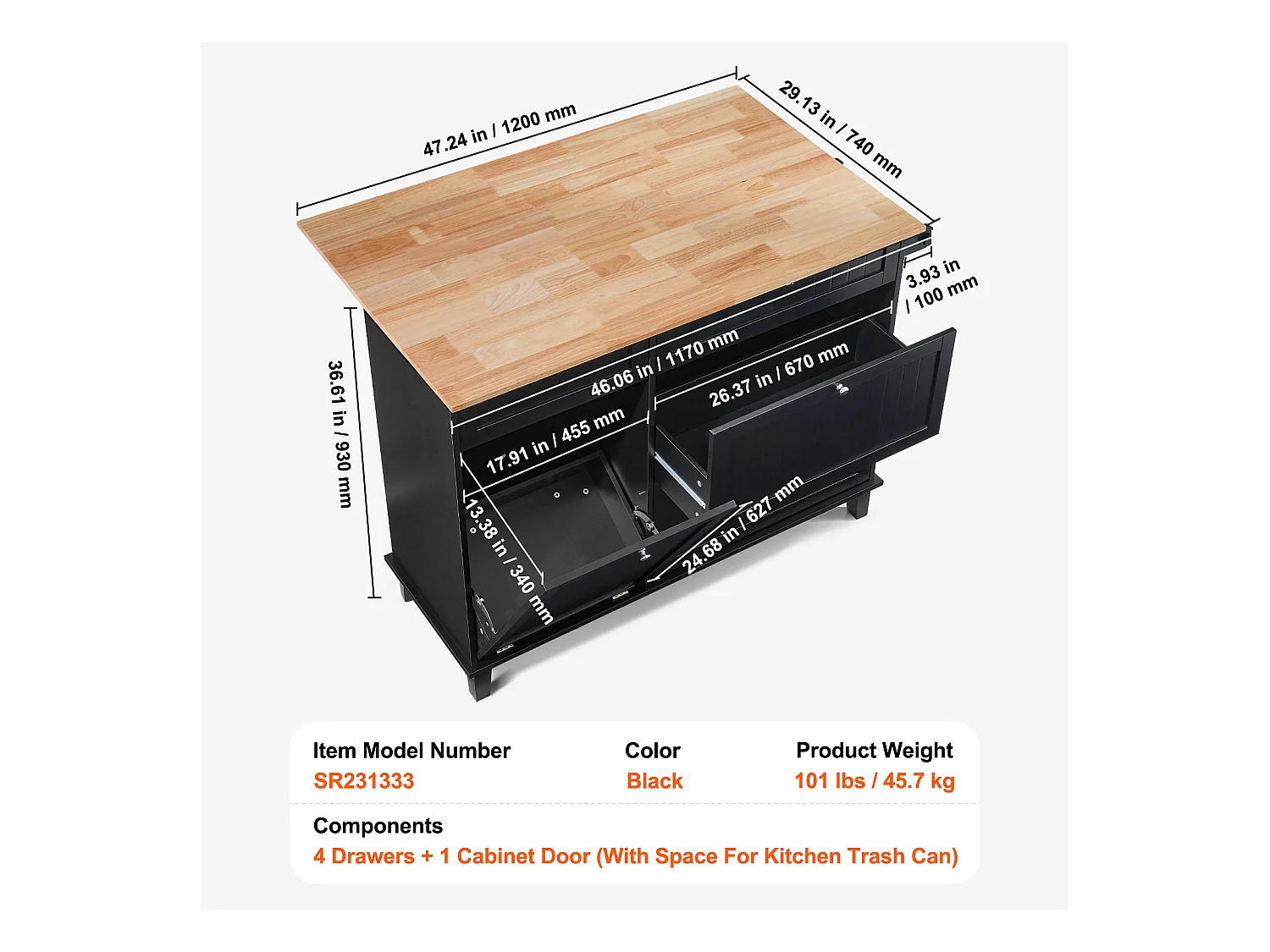 Desserte de Cuisine SucceBuy, Meuble de Rangement avec Tiroir et Poubelle, en Bois Massif et MDF