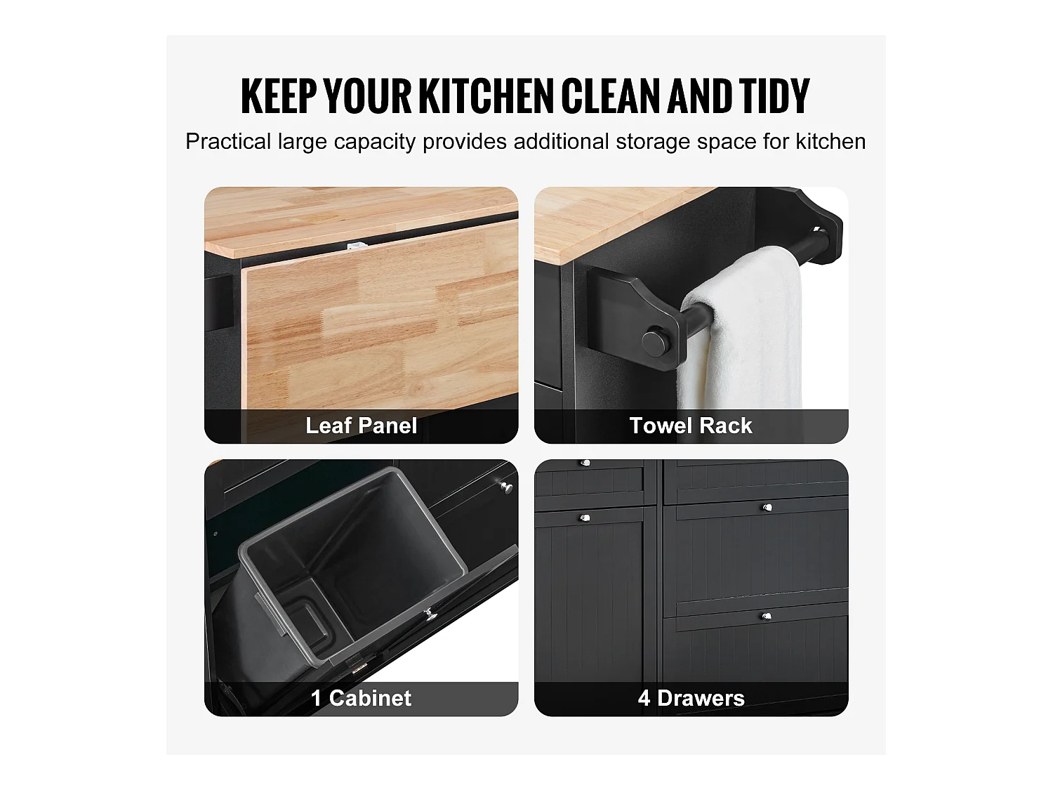 Desserte de Cuisine SucceBuy, Meuble de Rangement avec Tiroir et Poubelle, en Bois Massif et MDF