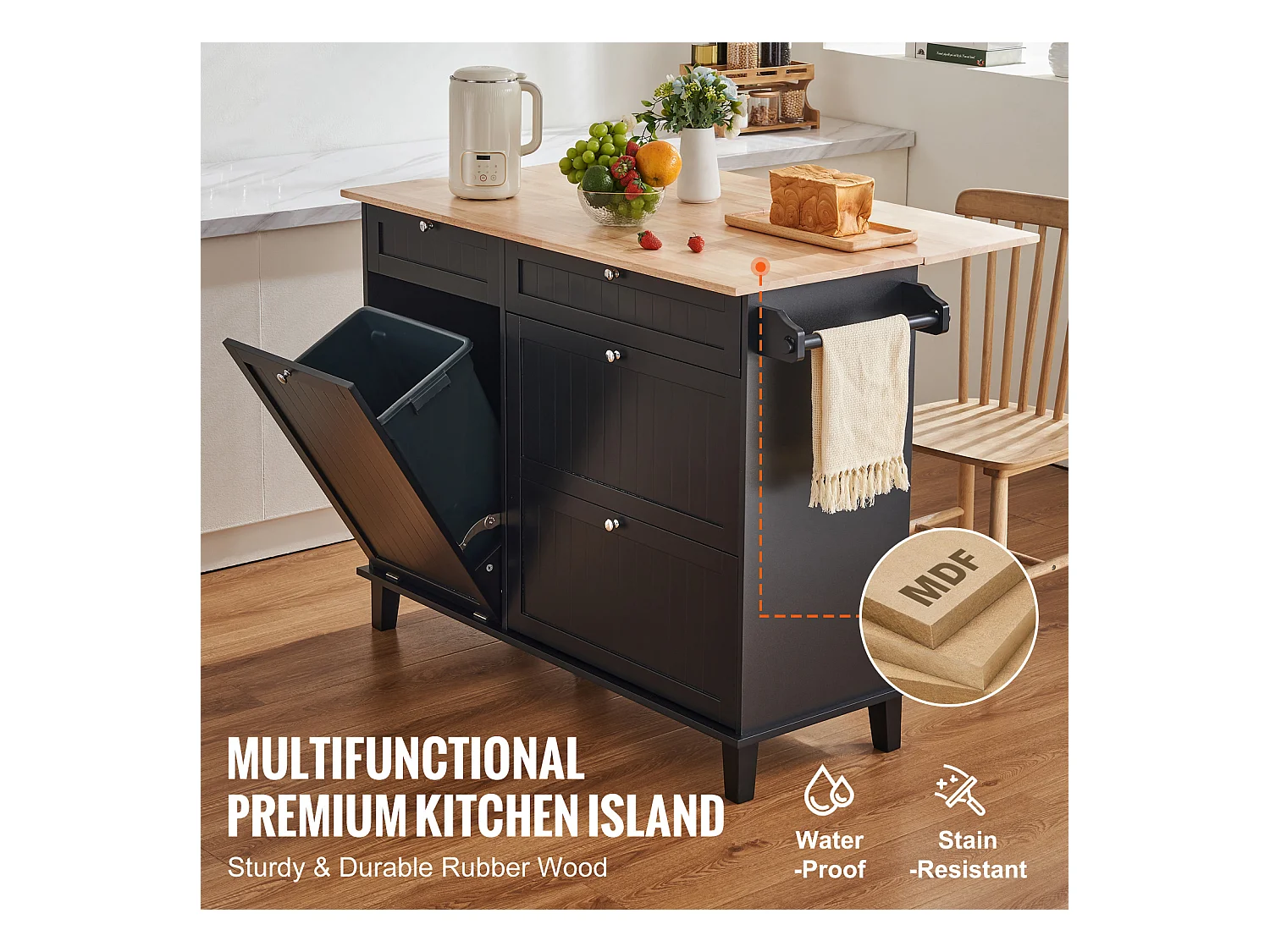 Desserte de Cuisine SucceBuy, Meuble de Rangement avec Tiroir et Poubelle, en Bois Massif et MDF