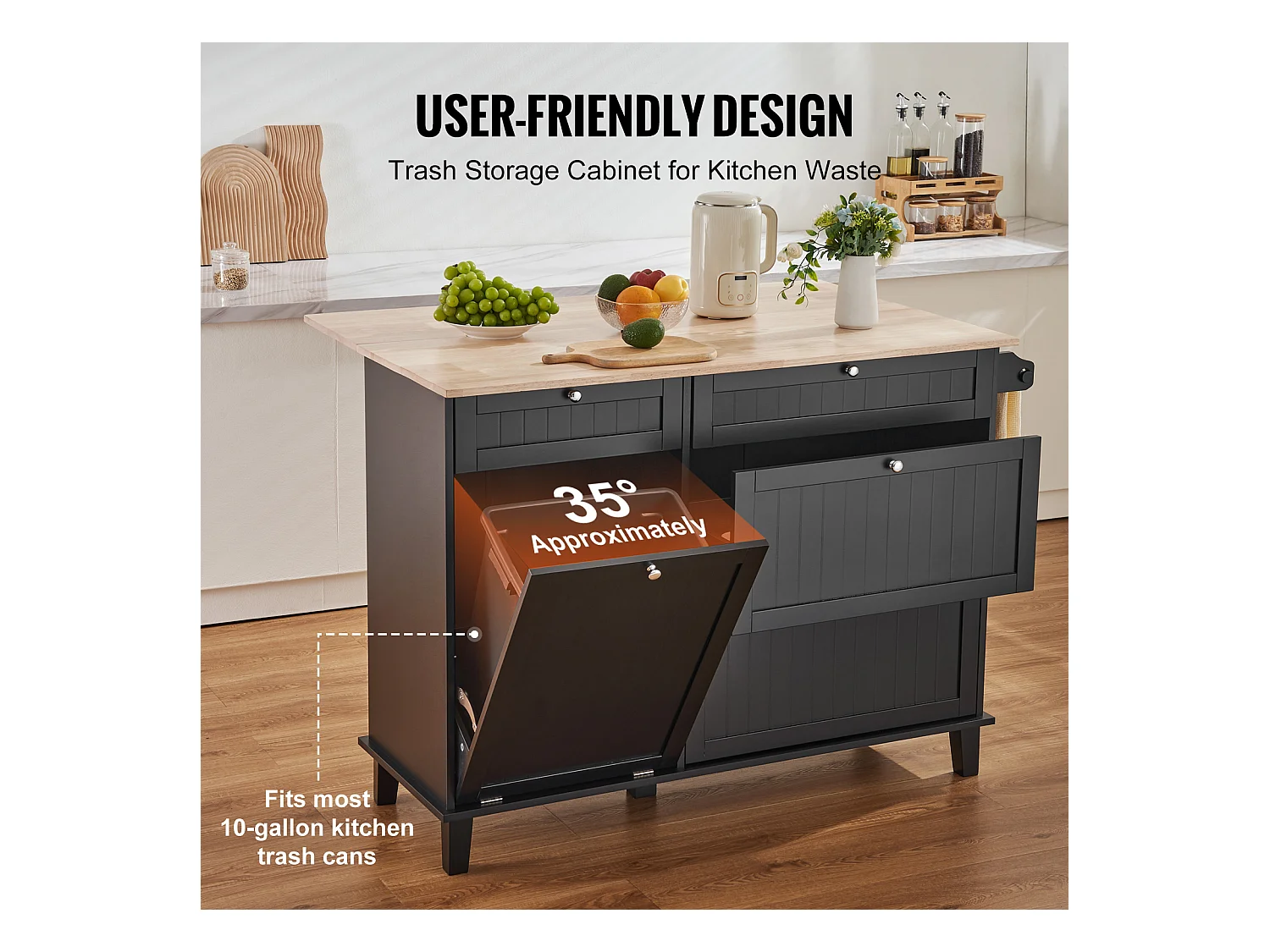 Desserte de Cuisine SucceBuy, Meuble de Rangement avec Tiroir et Poubelle, en Bois Massif et MDF