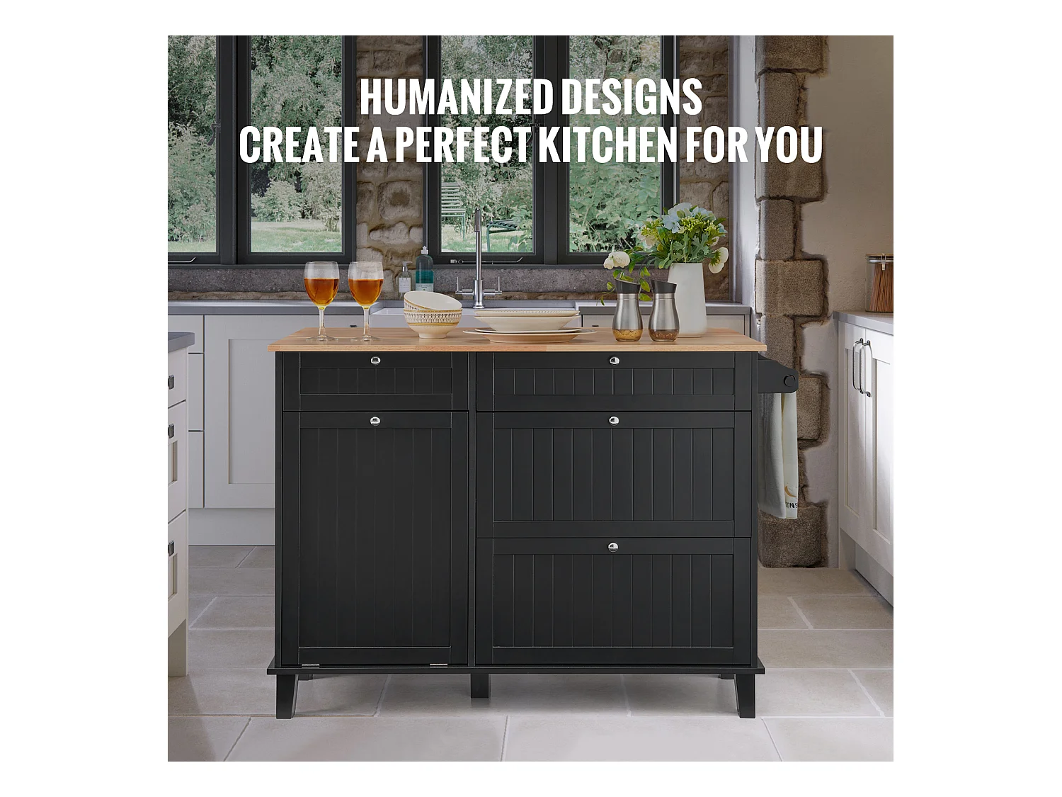 Desserte de Cuisine SucceBuy, Meuble de Rangement avec Tiroir et Poubelle, en Bois Massif et MDF