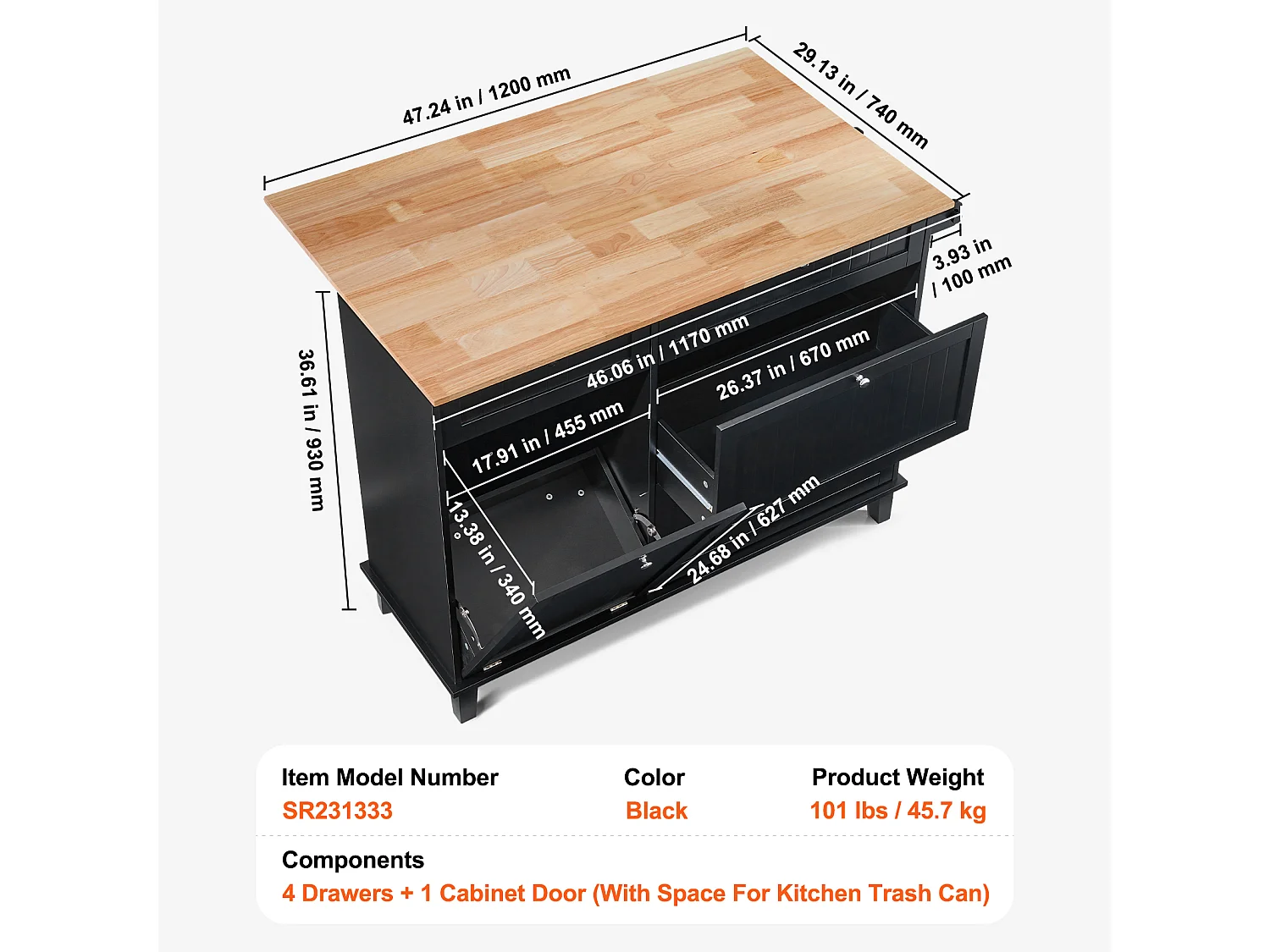 Desserte de Cuisine SucceBuy, Meuble de Rangement avec Tiroir et Poubelle, en Bois Massif et MDF