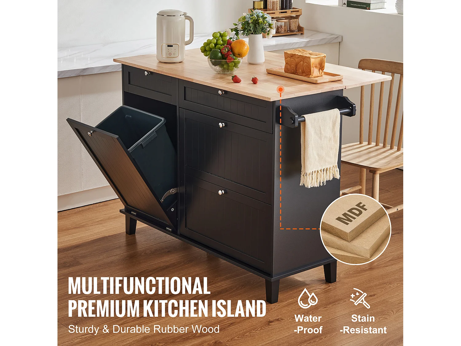 Desserte de Cuisine SucceBuy, Meuble de Rangement avec Tiroir et Poubelle, en Bois Massif et MDF