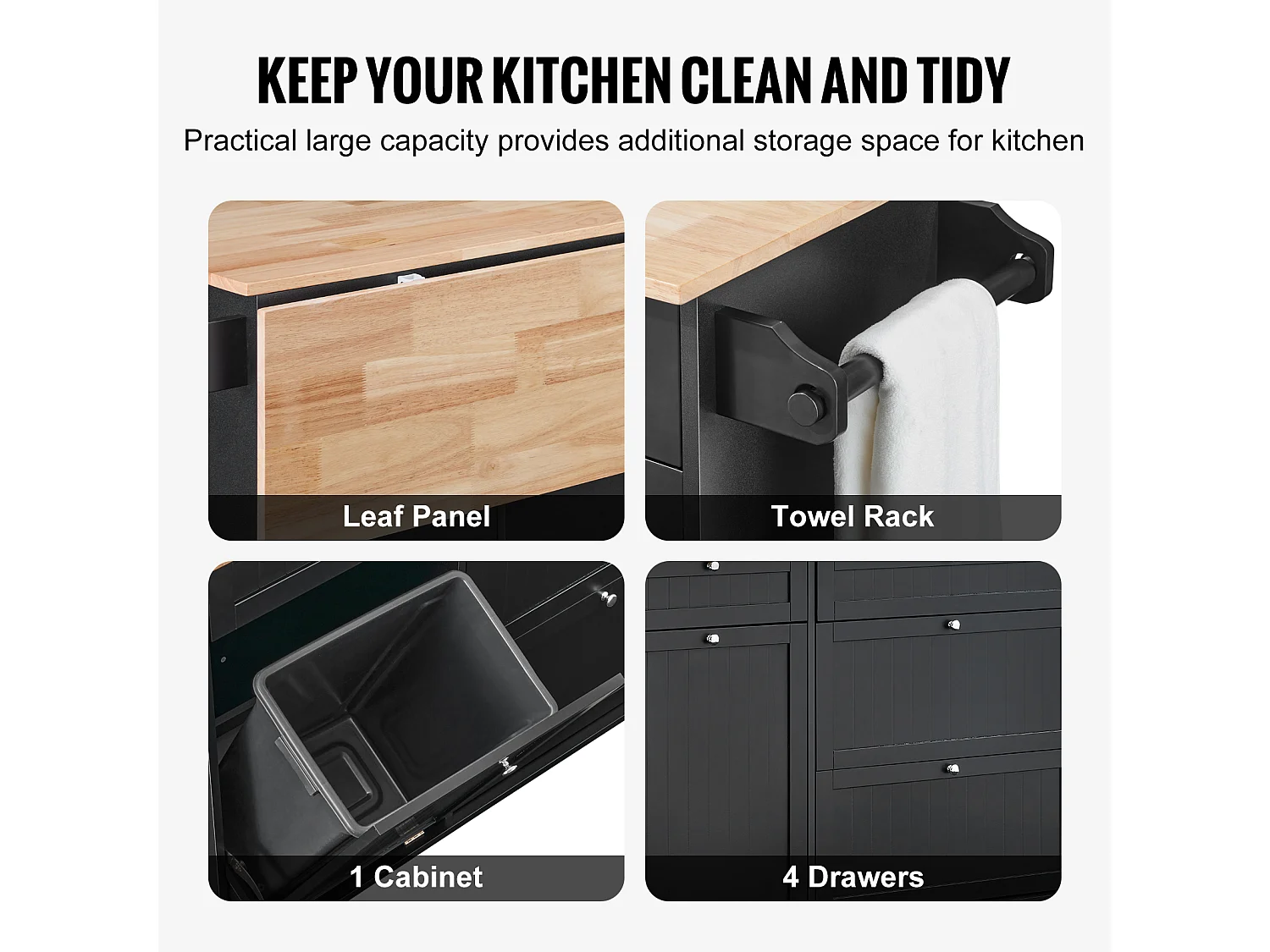 Desserte de Cuisine SucceBuy, Meuble de Rangement avec Tiroir et Poubelle, en Bois Massif et MDF