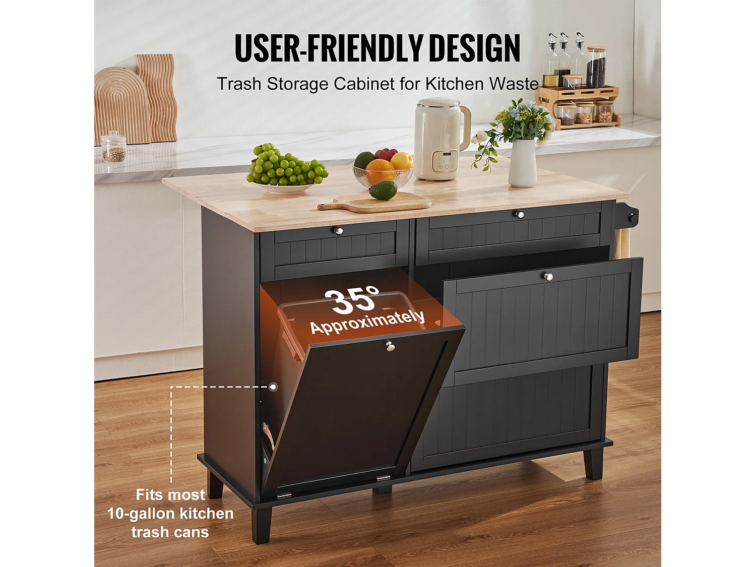 Desserte de Cuisine SucceBuy, Meuble de Rangement avec Tiroir et Poubelle, en Bois Massif et MDF