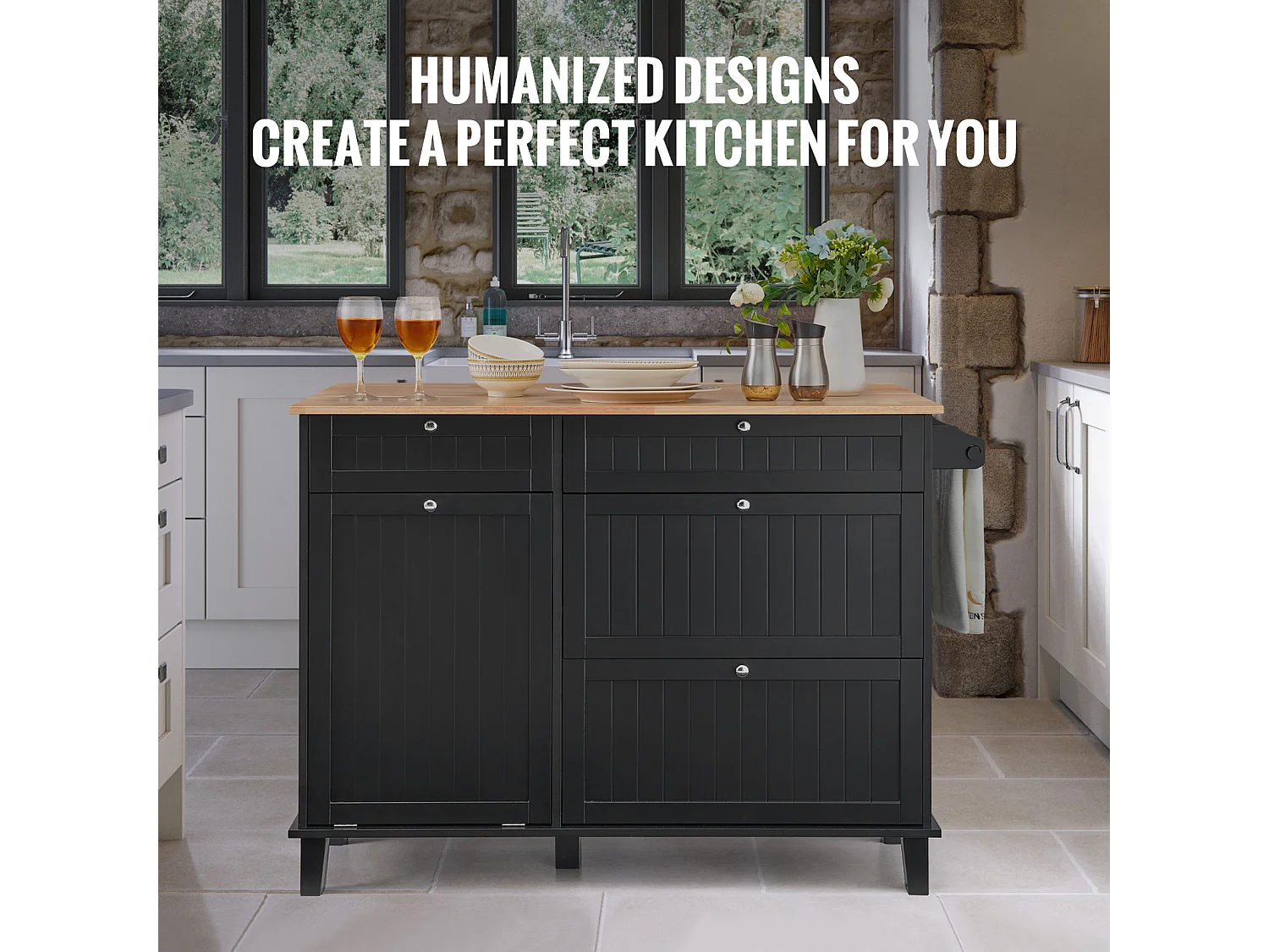 Desserte de Cuisine SucceBuy, Meuble de Rangement avec Tiroir et Poubelle, en Bois Massif et MDF